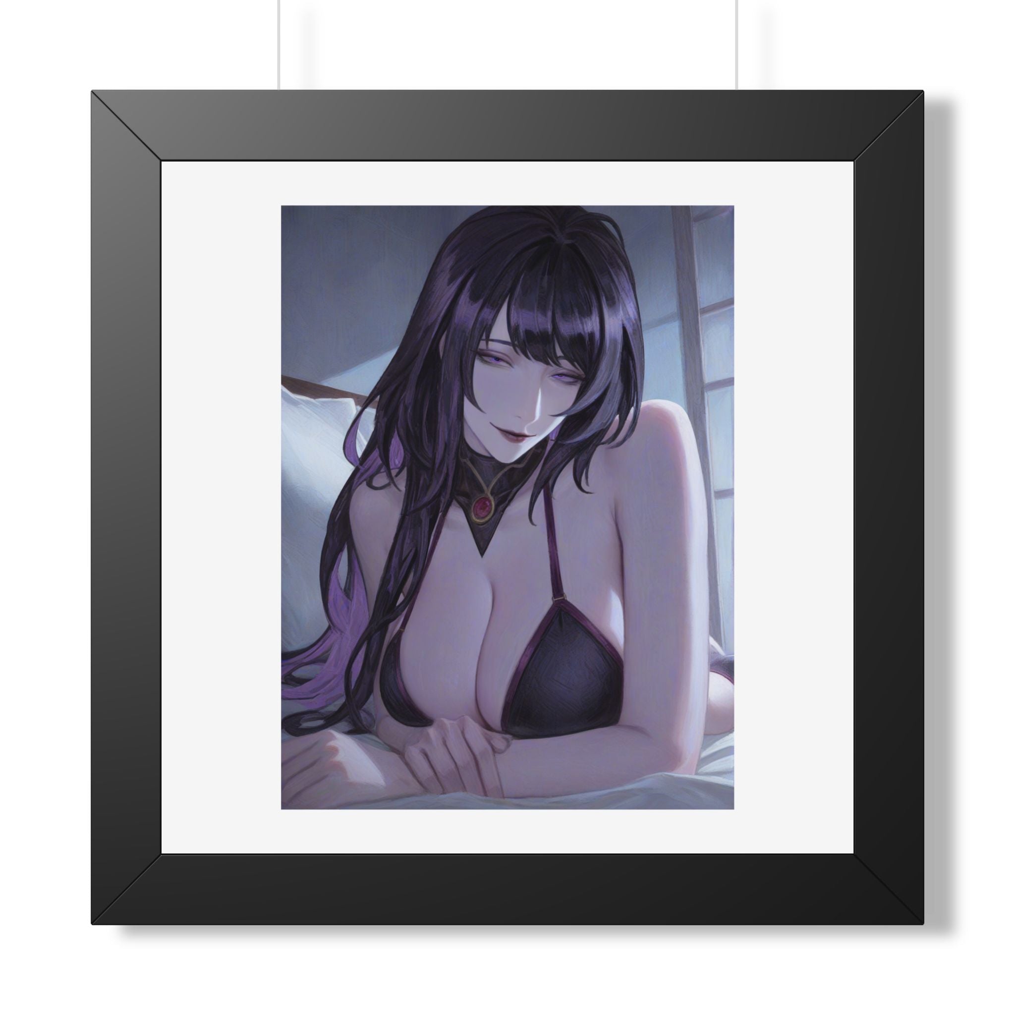 Anime Art Poster — Sultry Dark-Haired Girl Framed Vertical Print