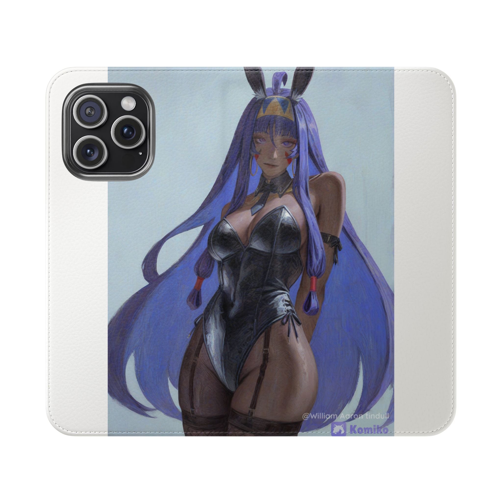 Anime Bunny Girl Flip Case - Purple Long-Haired Character Phone Wallet