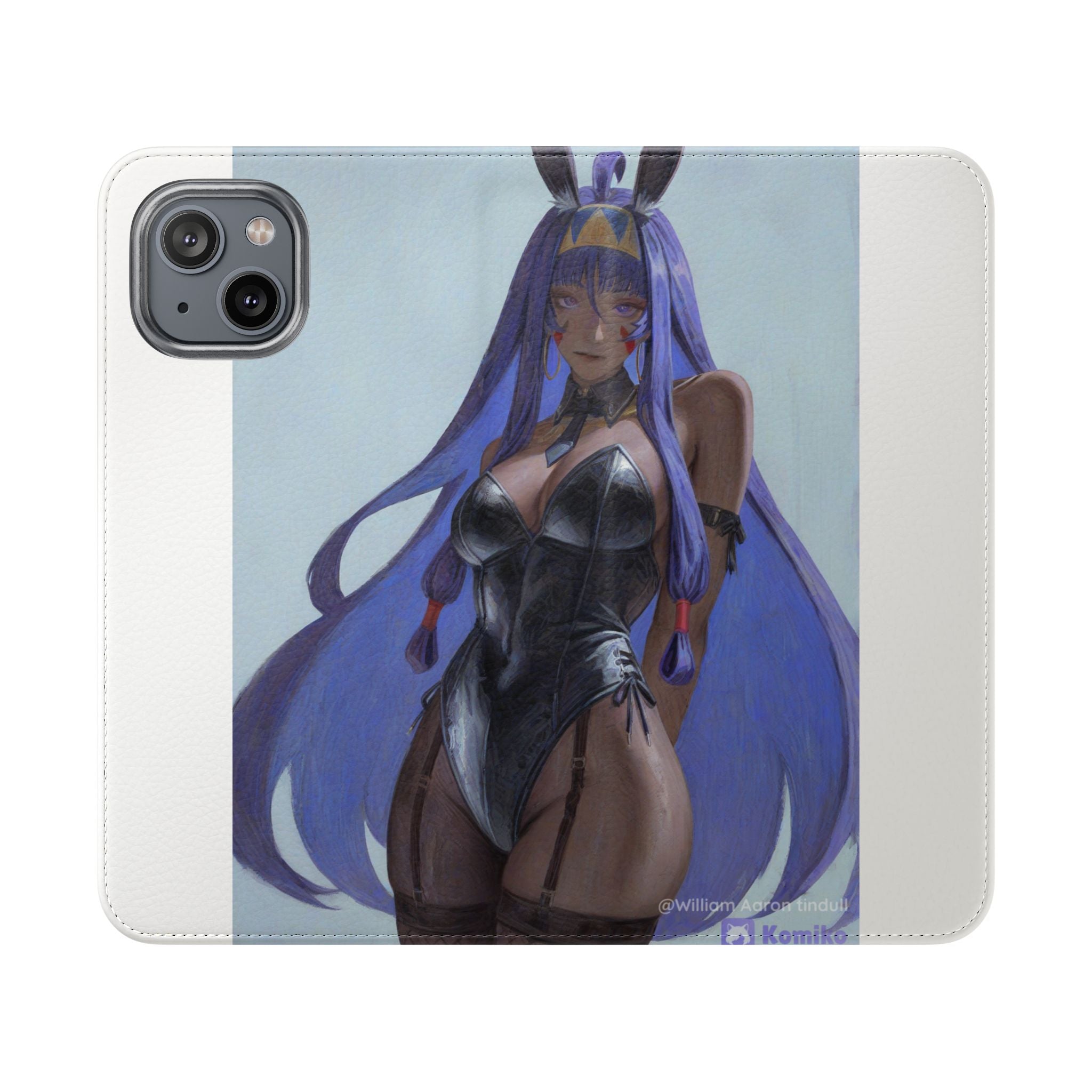 Anime Bunny Girl Flip Case - Purple Long-Haired Character Phone Wallet