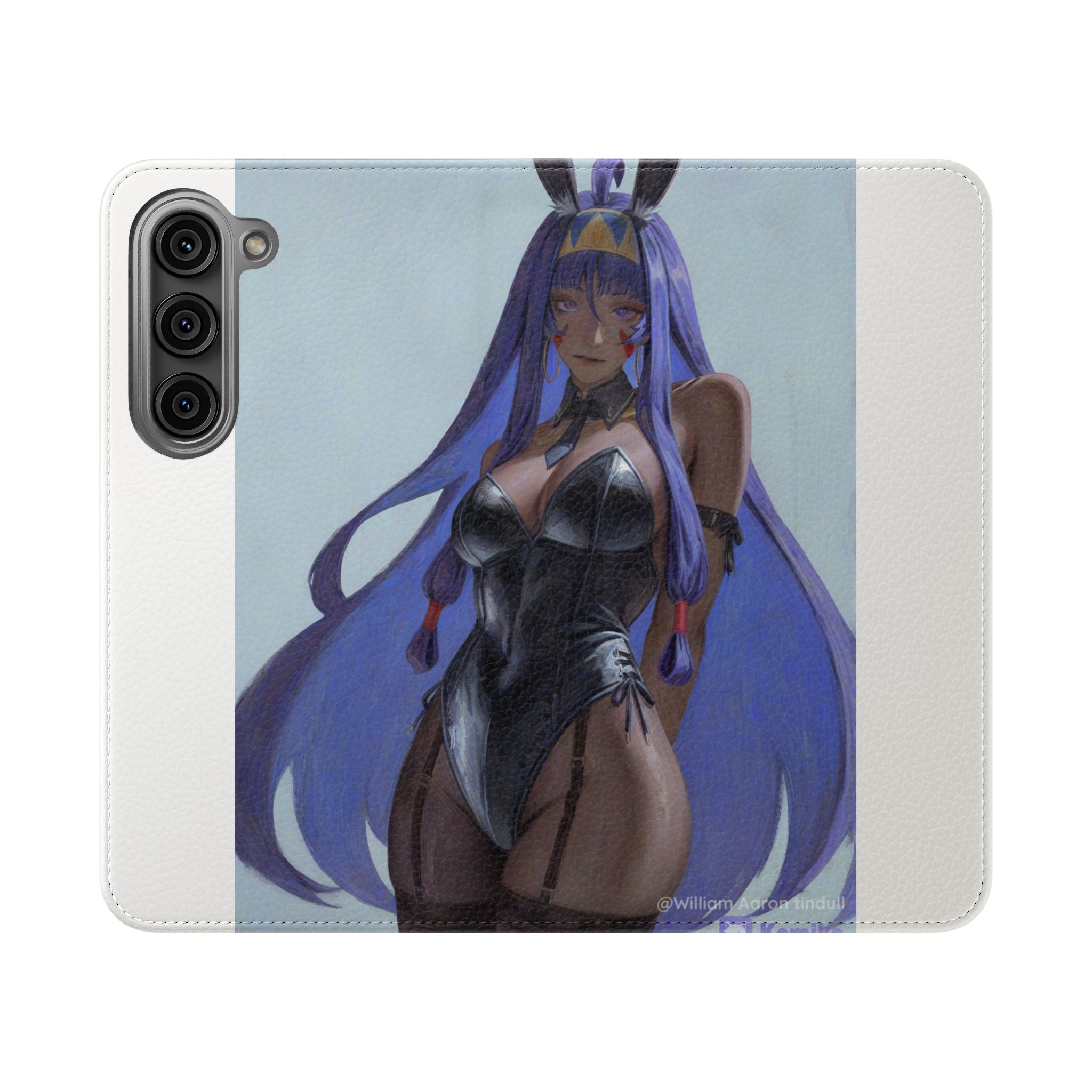 Anime Bunny Girl Flip Case - Purple Long-Haired Character Phone Wallet