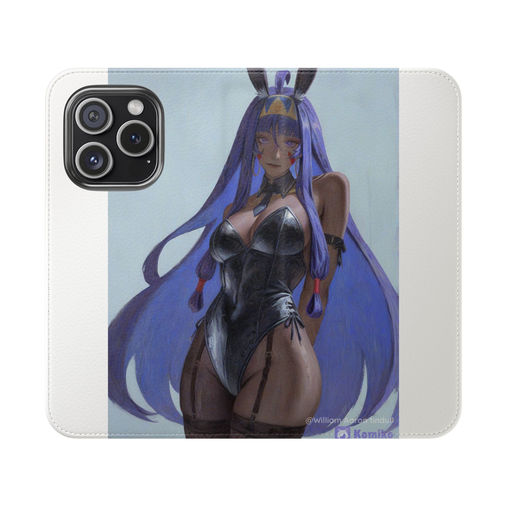 Anime Bunny Girl Flip Case - Purple Long-Haired Character Phone Wallet