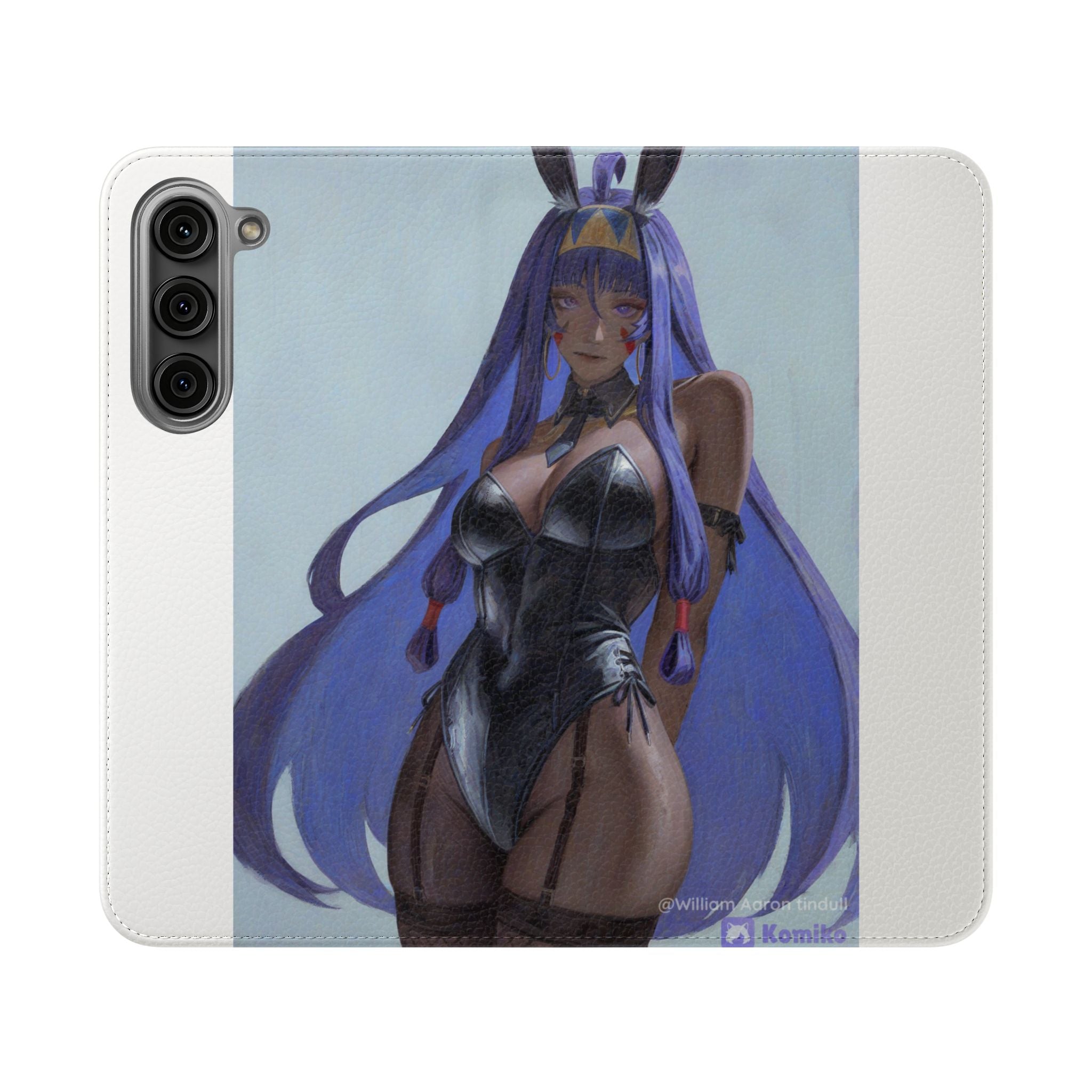 Anime Bunny Girl Flip Case - Purple Long-Haired Character Phone Wallet