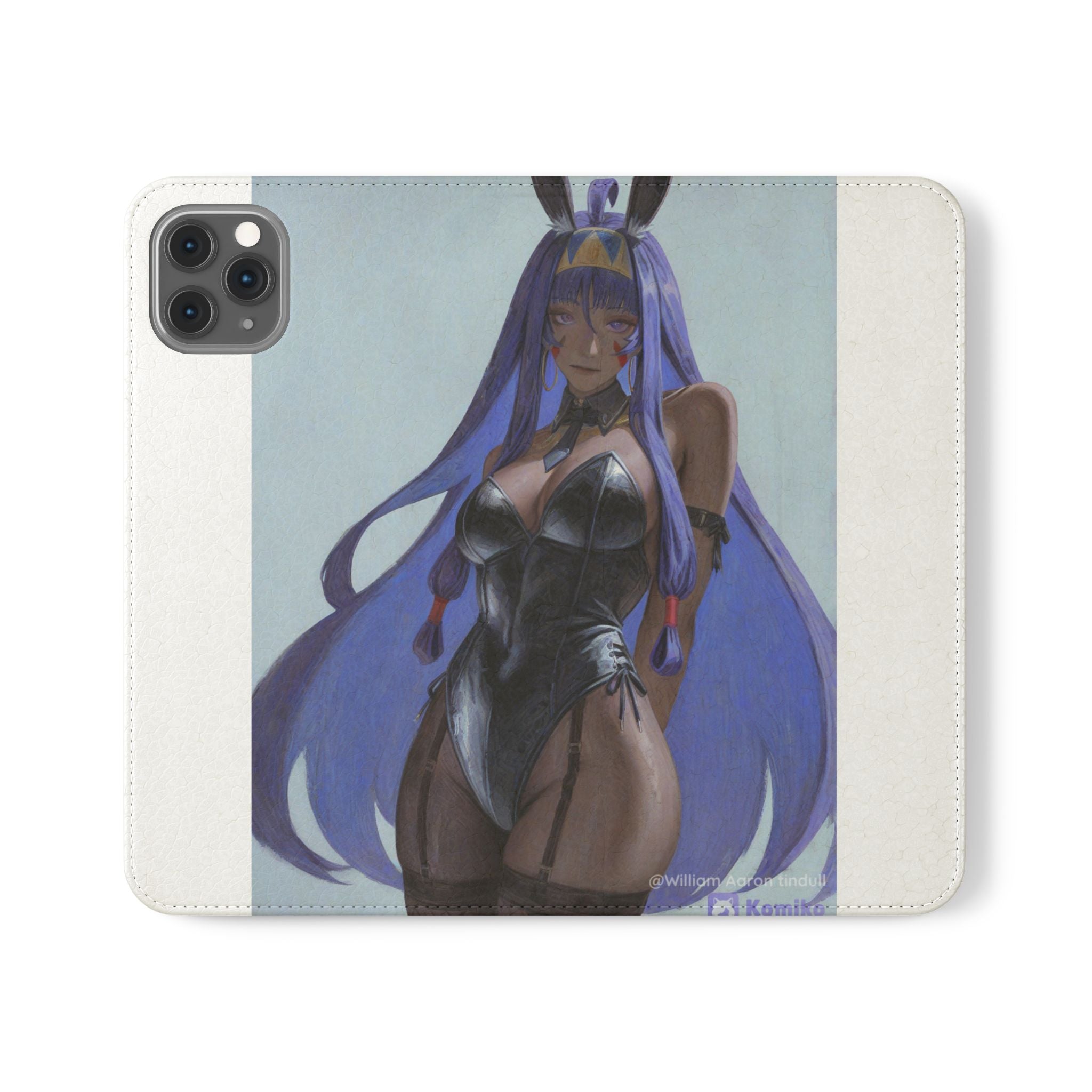 Anime Bunny Girl Flip Case - Purple Long-Haired Character Phone Wallet