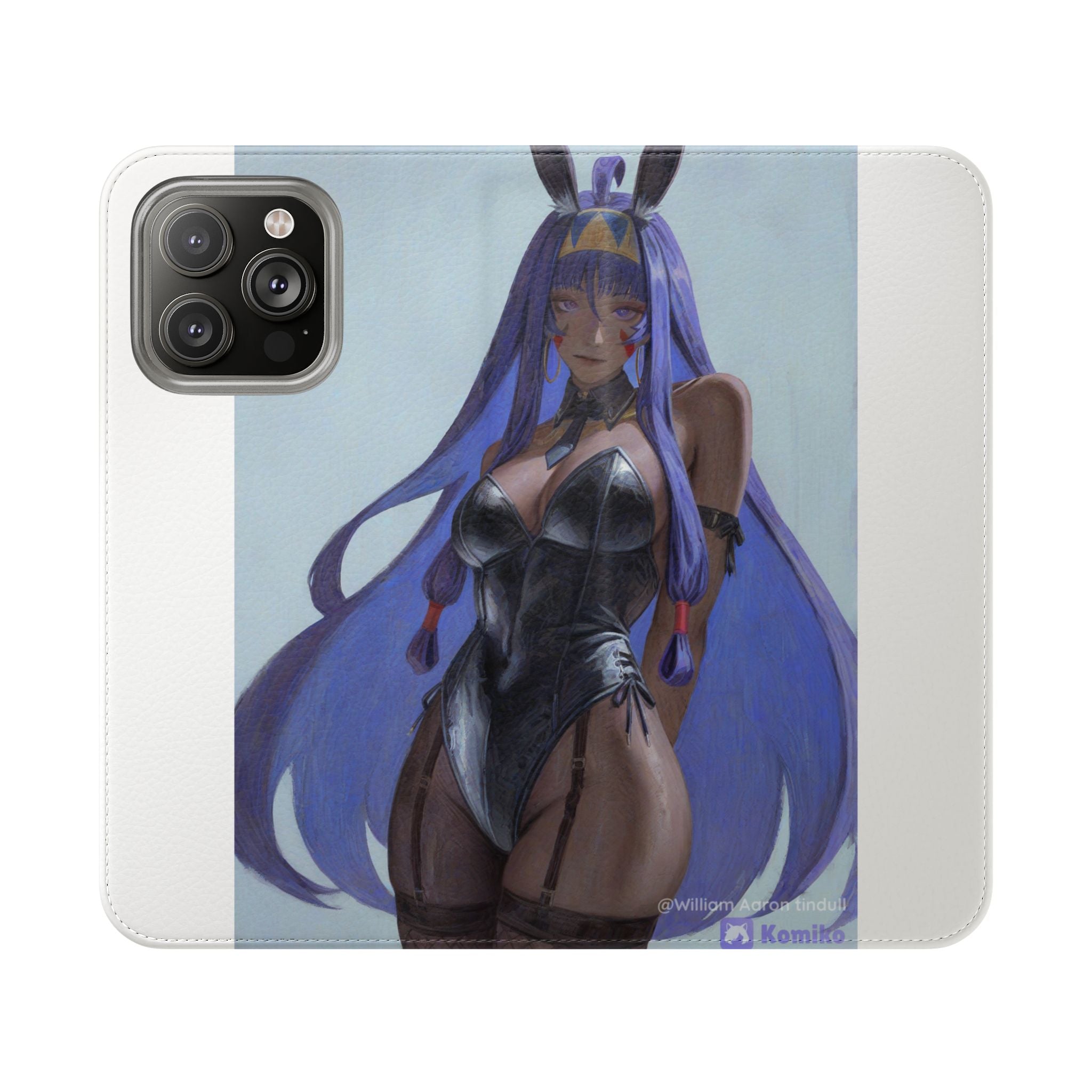 Anime Bunny Girl Flip Case - Purple Long-Haired Character Phone Wallet