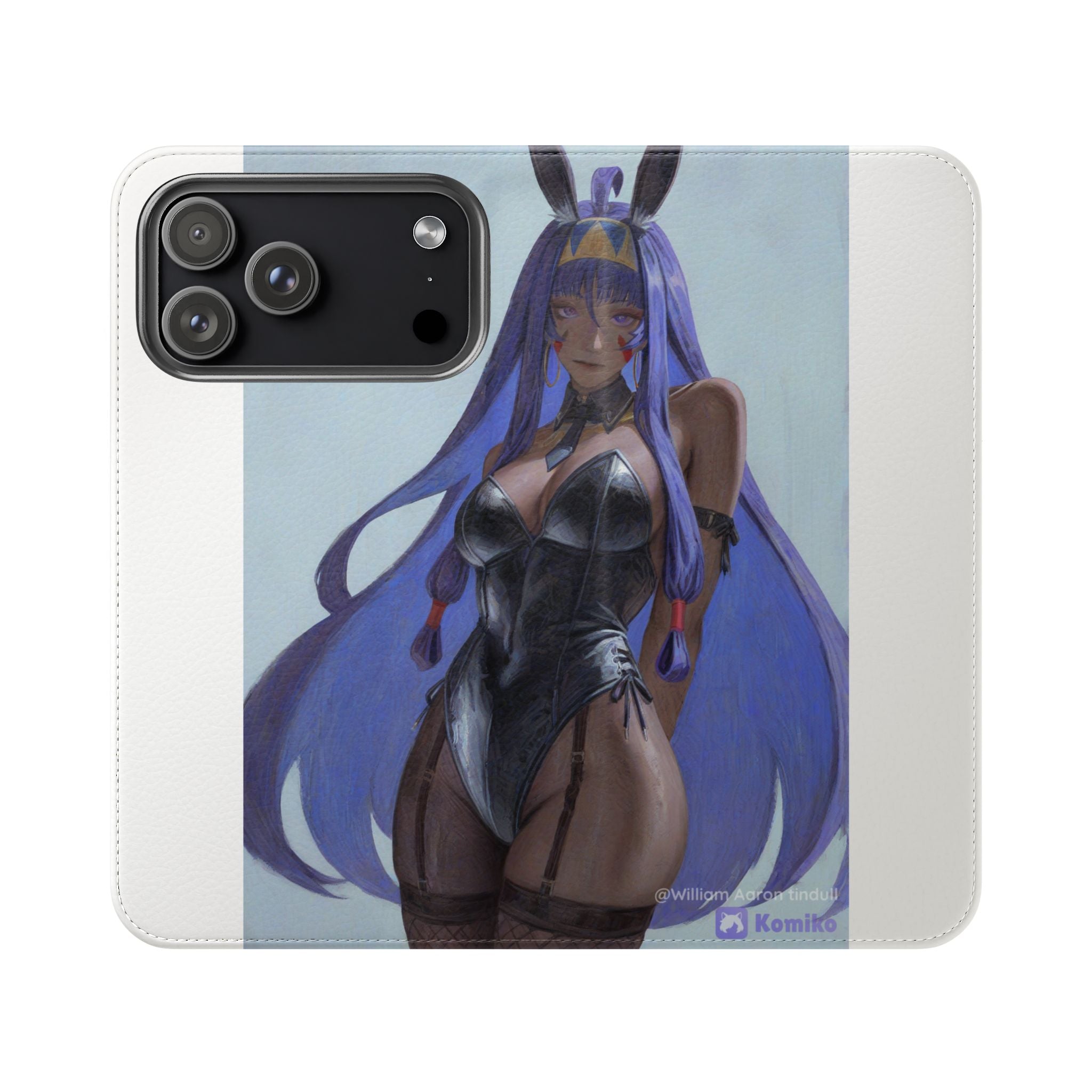 Anime Bunny Girl Flip Case - Purple Long-Haired Character Phone Wallet
