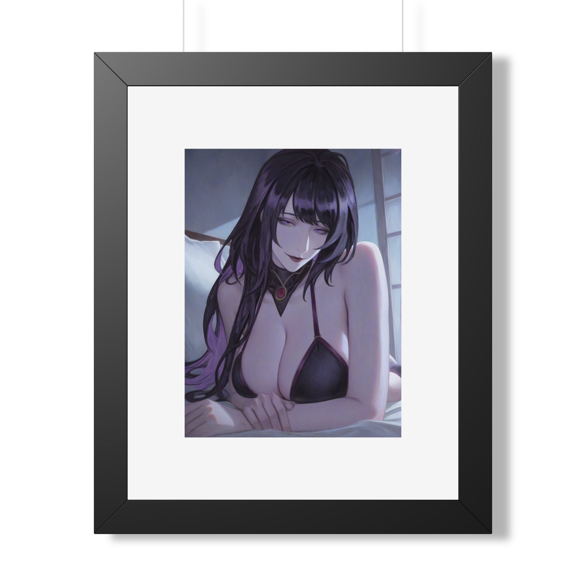 Anime Art Poster — Sultry Dark-Haired Girl Framed Vertical Print