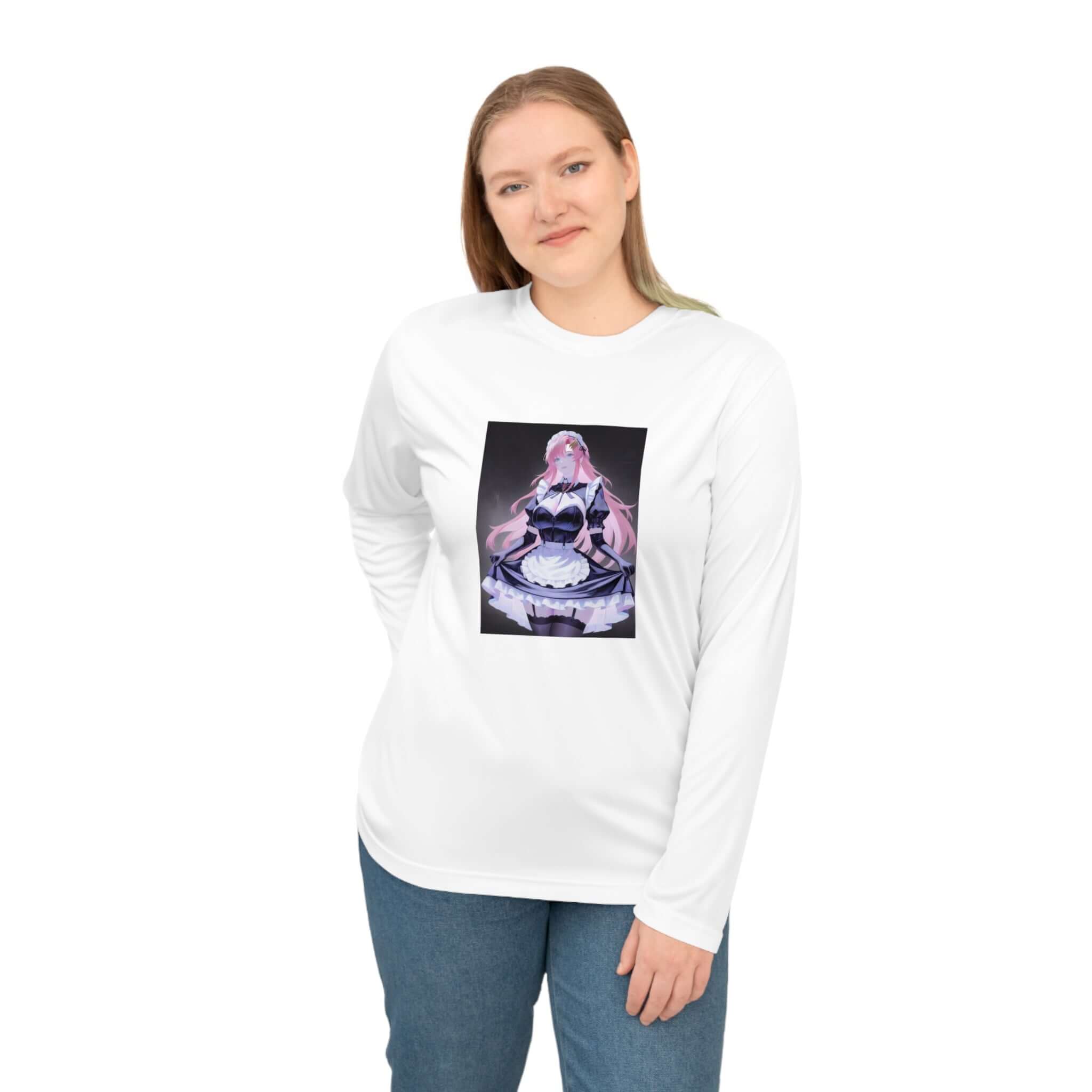 Anime Maid Art Long Sleeve Shirt — Pink-haired Fantasy Maid Graphic