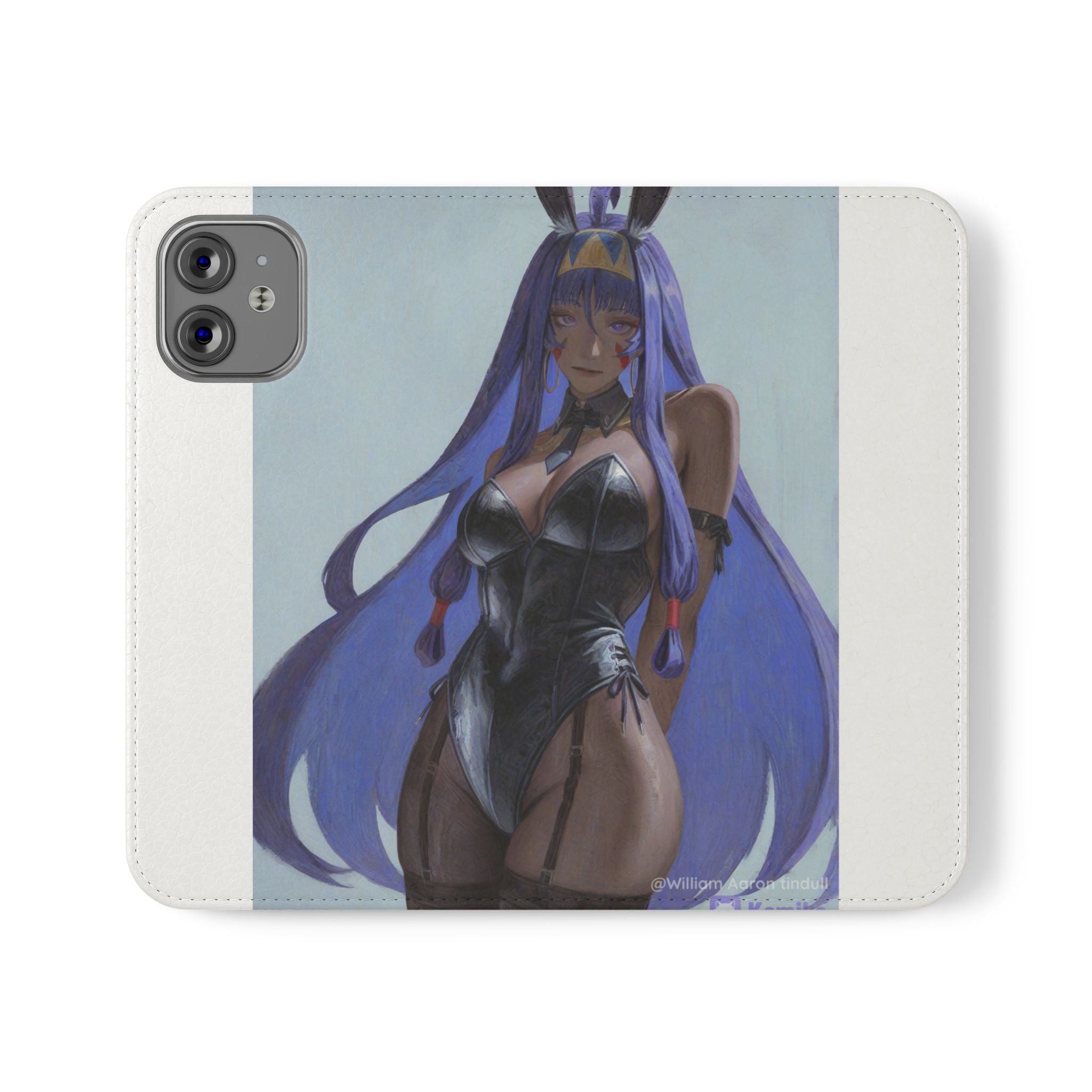 Anime Bunny Girl Flip Case - Purple Long-Haired Character Phone Wallet