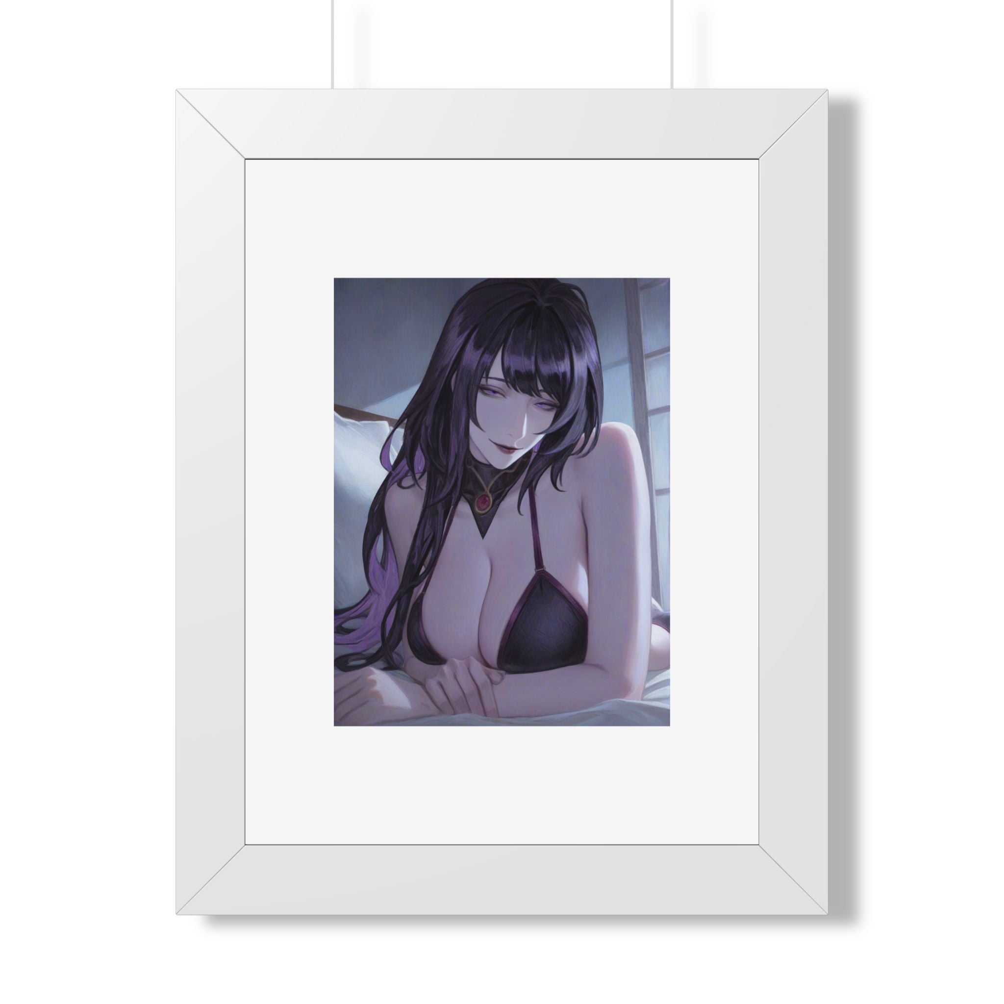 Anime Art Poster — Sultry Dark-Haired Girl Framed Vertical Print