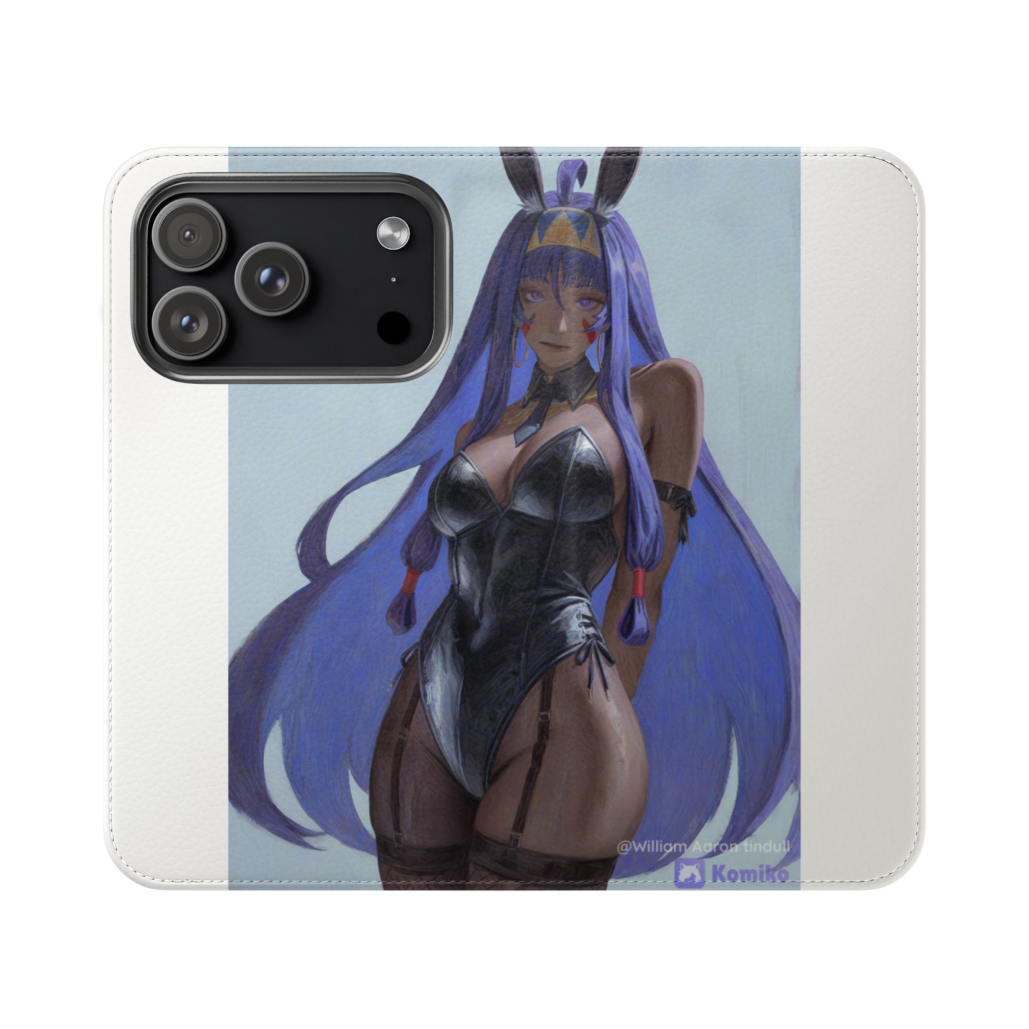 Anime Bunny Girl Flip Case - Purple Long-Haired Character Phone Wallet