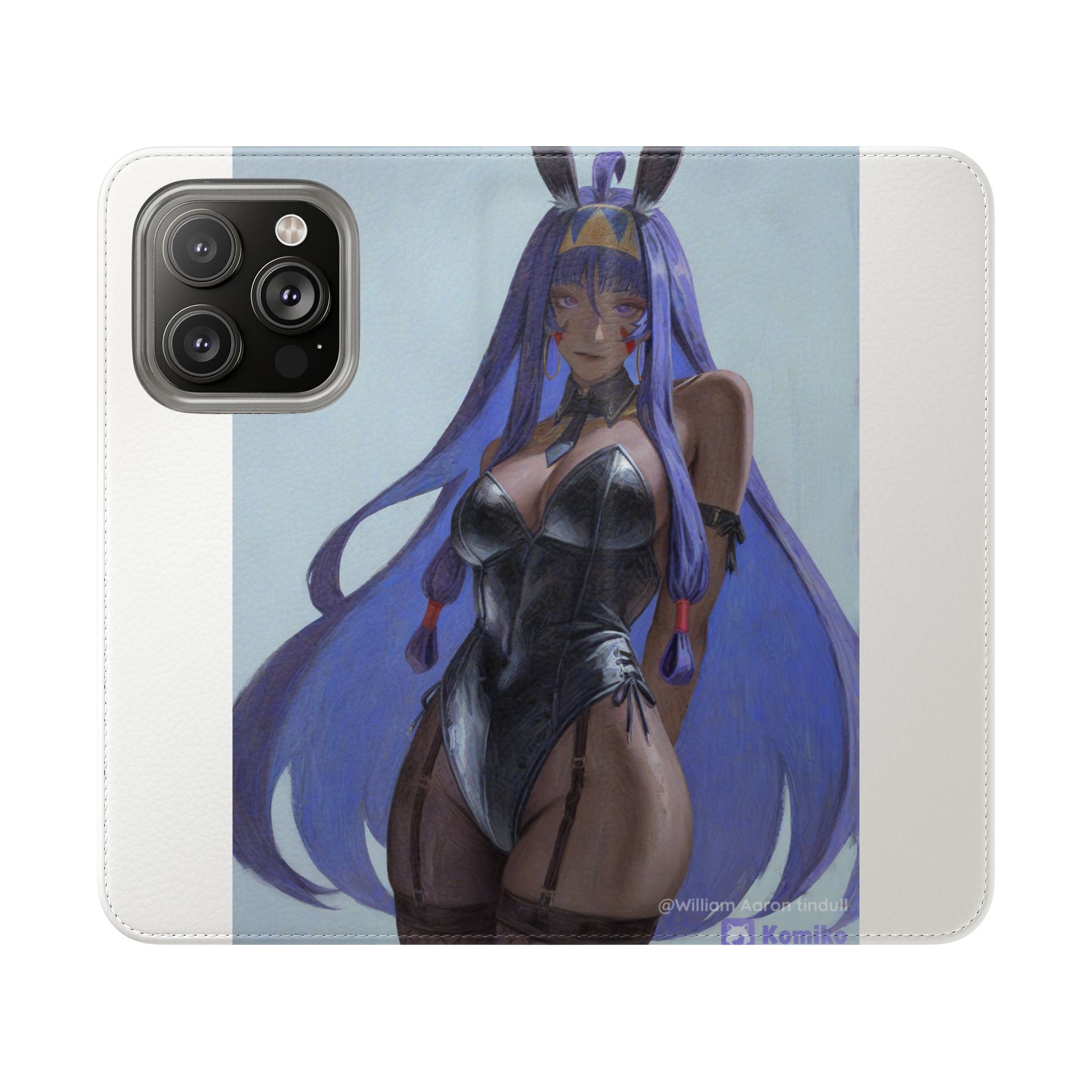 Anime Bunny Girl Flip Case - Purple Long-Haired Character Phone Wallet