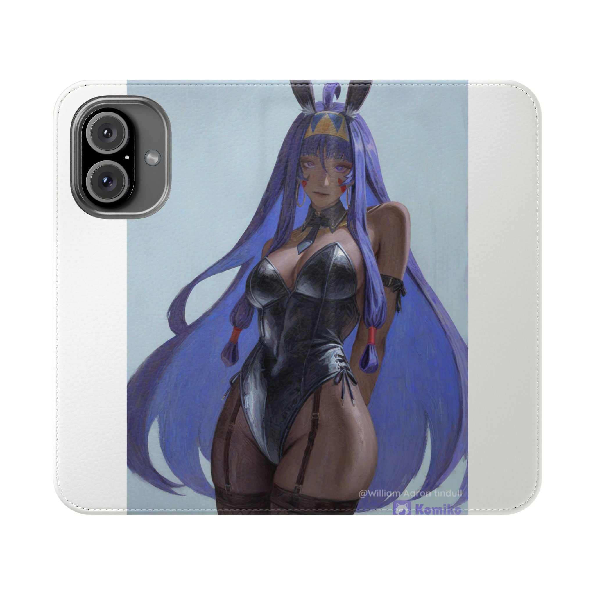 Anime Bunny Girl Flip Case - Purple Long-Haired Character Phone Wallet
