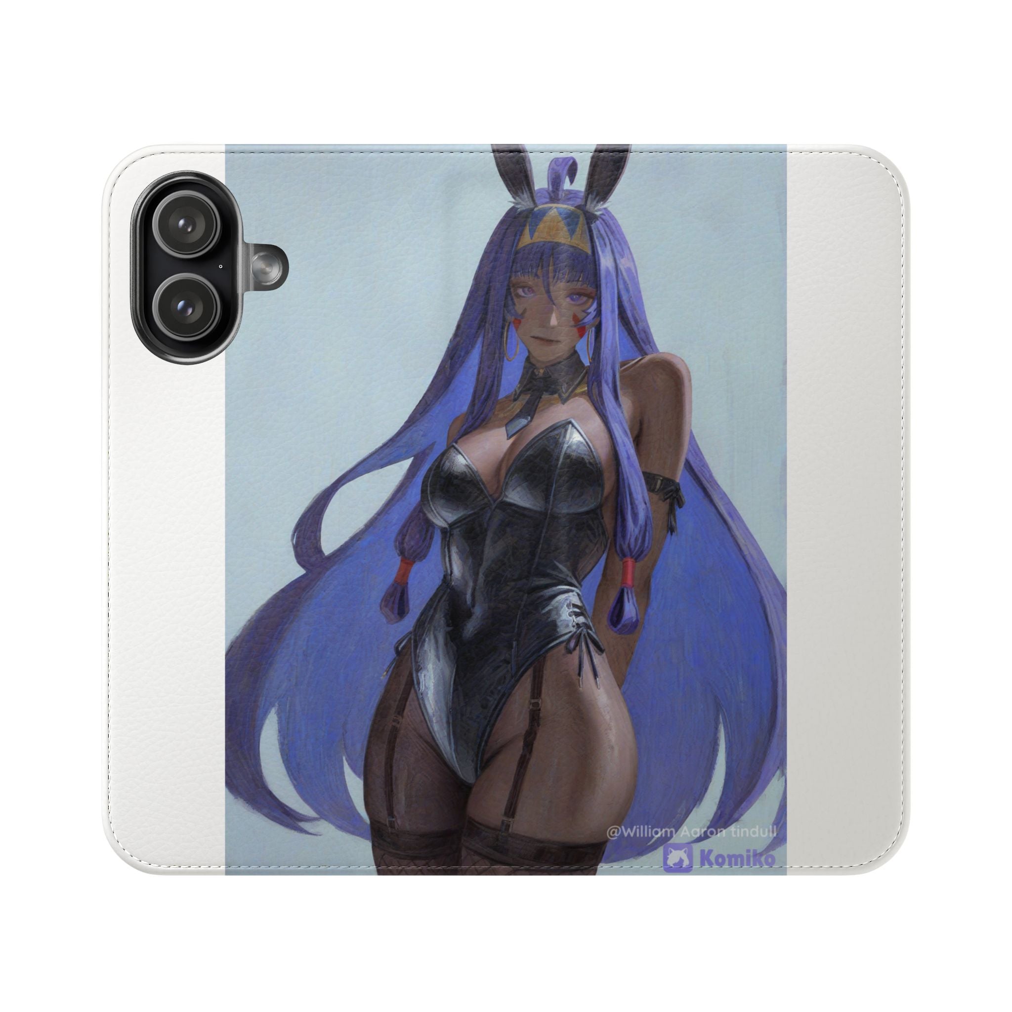 Anime Bunny Girl Flip Case - Purple Long-Haired Character Phone Wallet