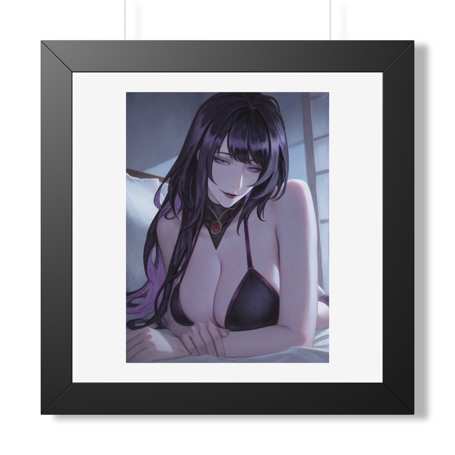 Anime Art Poster — Sultry Dark-Haired Girl Framed Vertical Print