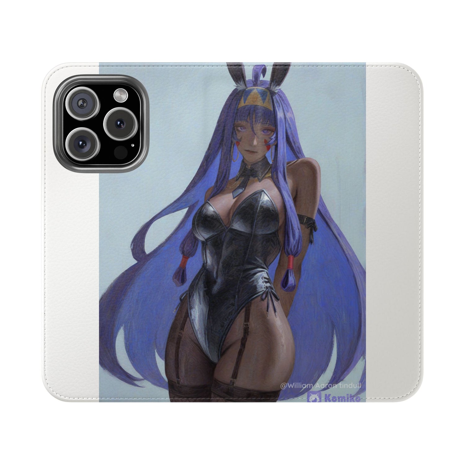 Anime Bunny Girl Flip Case - Purple Long-Haired Character Phone Wallet