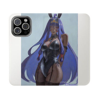Anime Bunny Girl Flip Case - Purple Long-Haired Character Phone Wallet