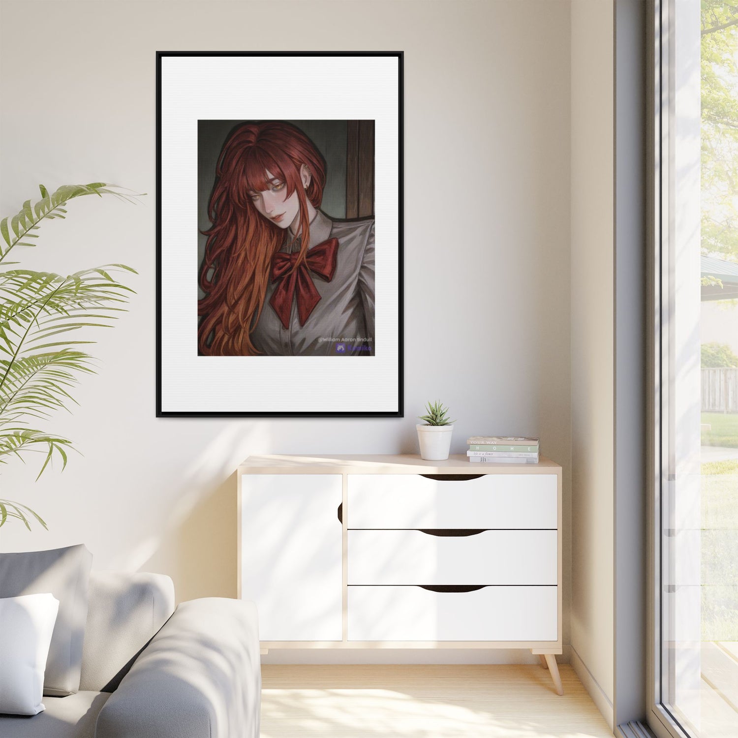 Framed Matte Canvas Print — Moody Red-Headed Anime Girl Art