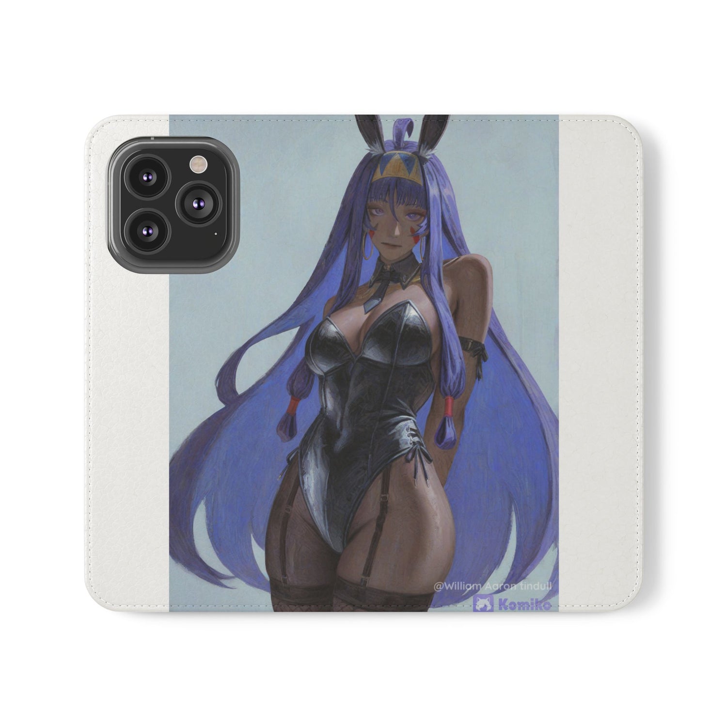 Anime Bunny Girl Flip Case - Purple Long-Haired Character Phone Wallet