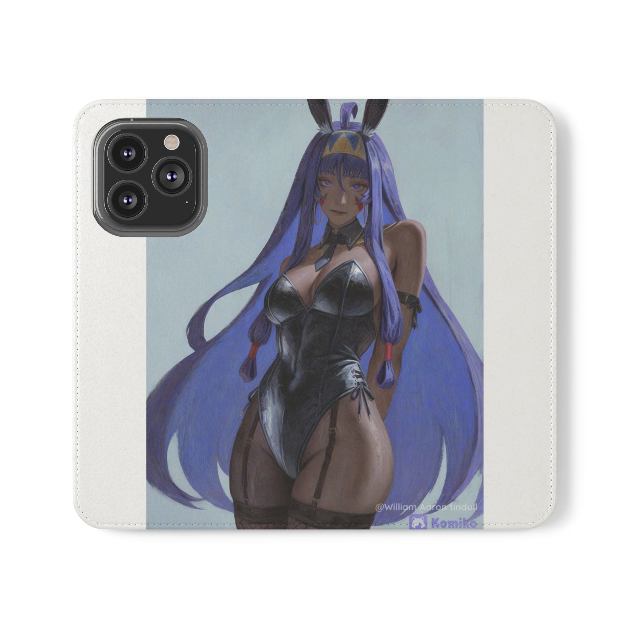 Anime Bunny Girl Flip Case - Purple Long-Haired Character Phone Wallet