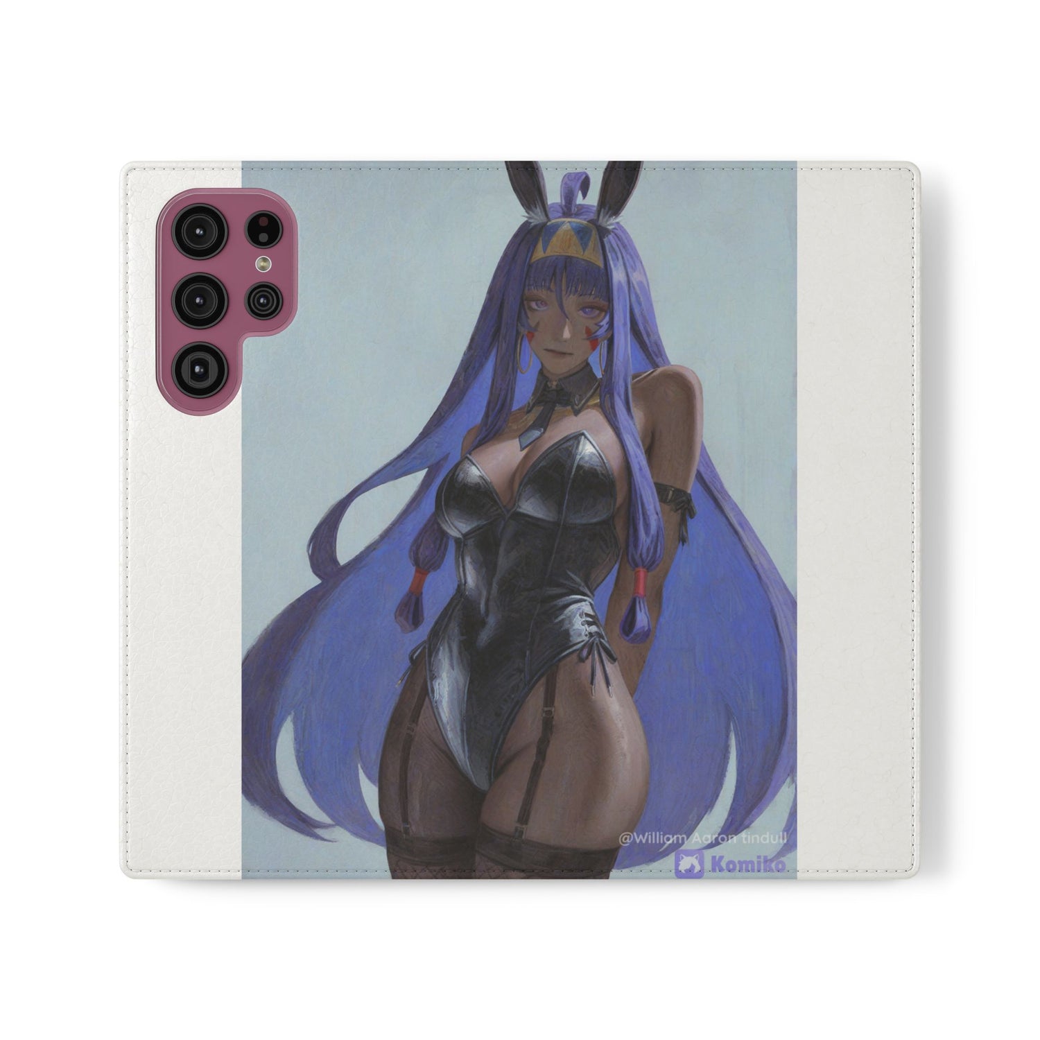 Anime Bunny Girl Flip Case - Purple Long-Haired Character Phone Wallet