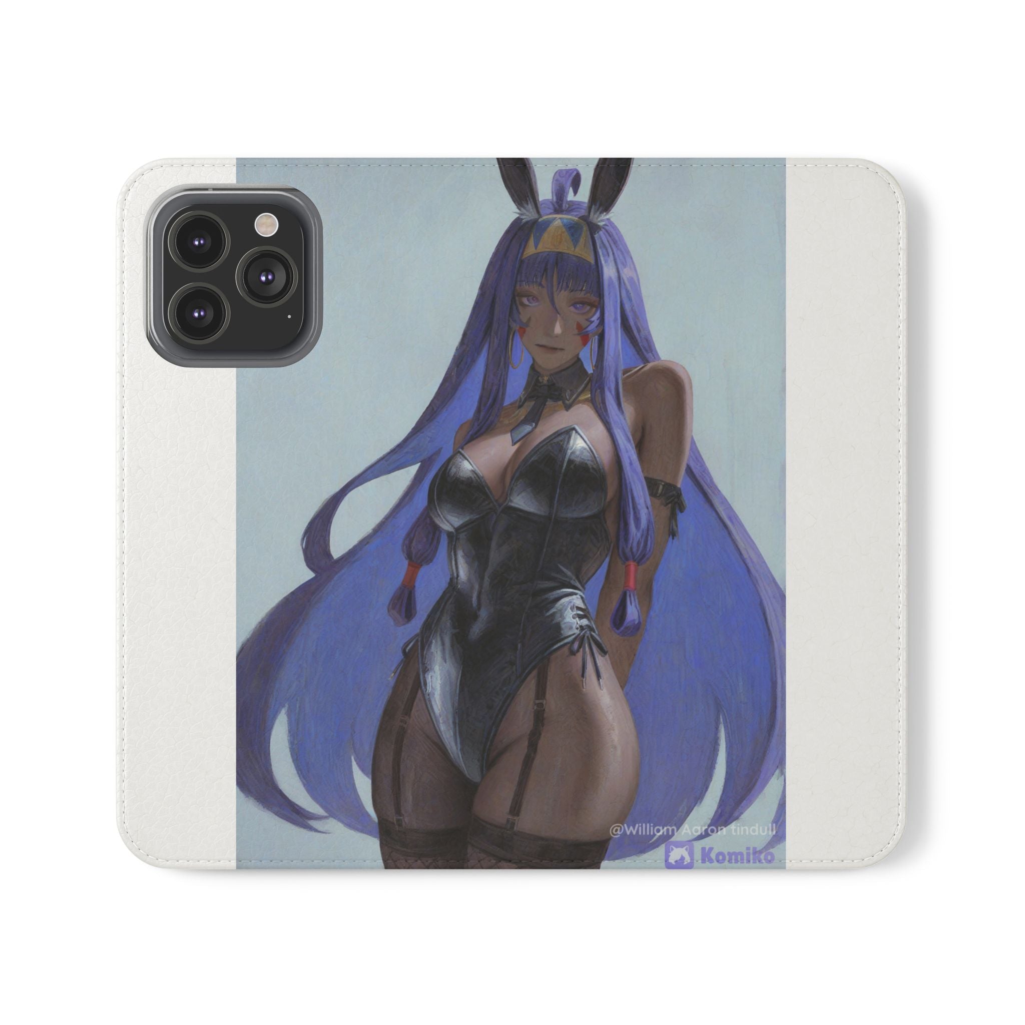 Anime Bunny Girl Flip Case - Purple Long-Haired Character Phone Wallet
