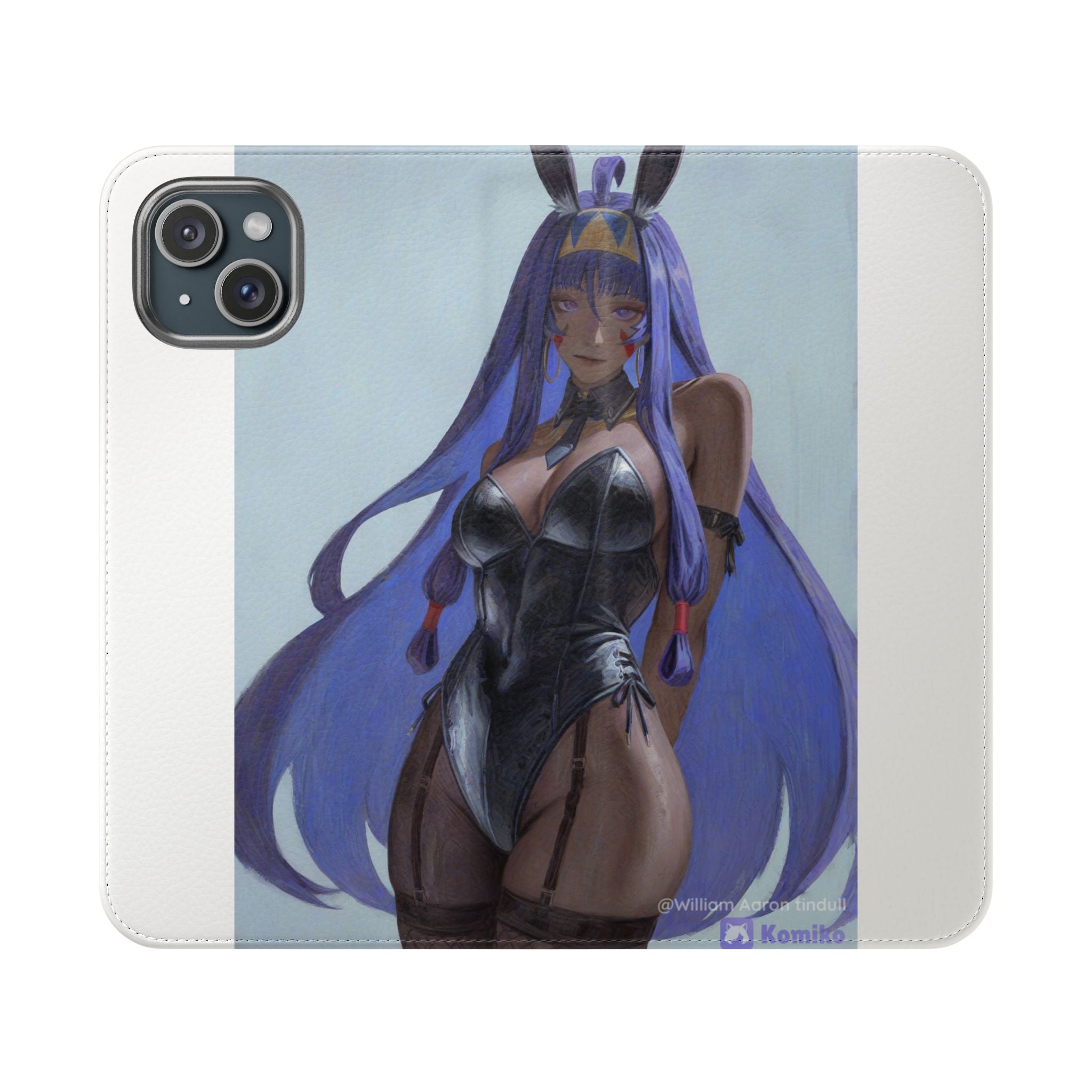 Anime Bunny Girl Flip Case - Purple Long-Haired Character Phone Wallet