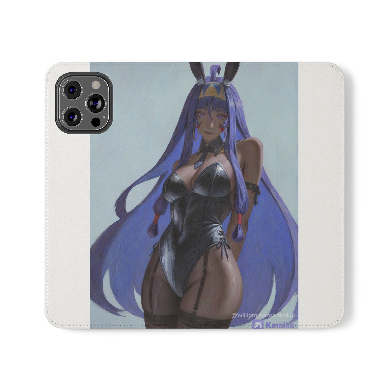 Anime Bunny Girl Flip Case - Purple Long-Haired Character Phone Wallet