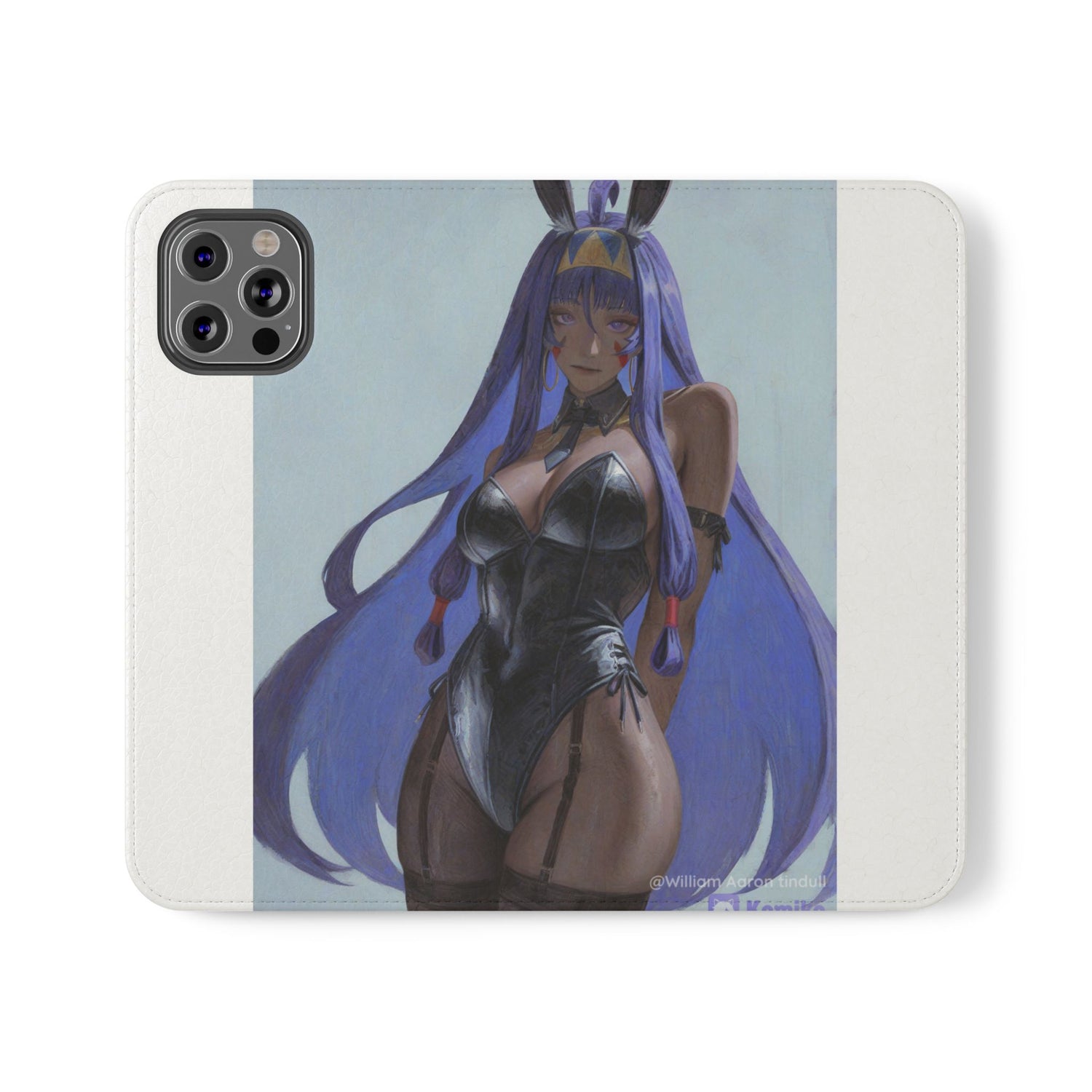 Anime Bunny Girl Flip Case - Purple Long-Haired Character Phone Wallet