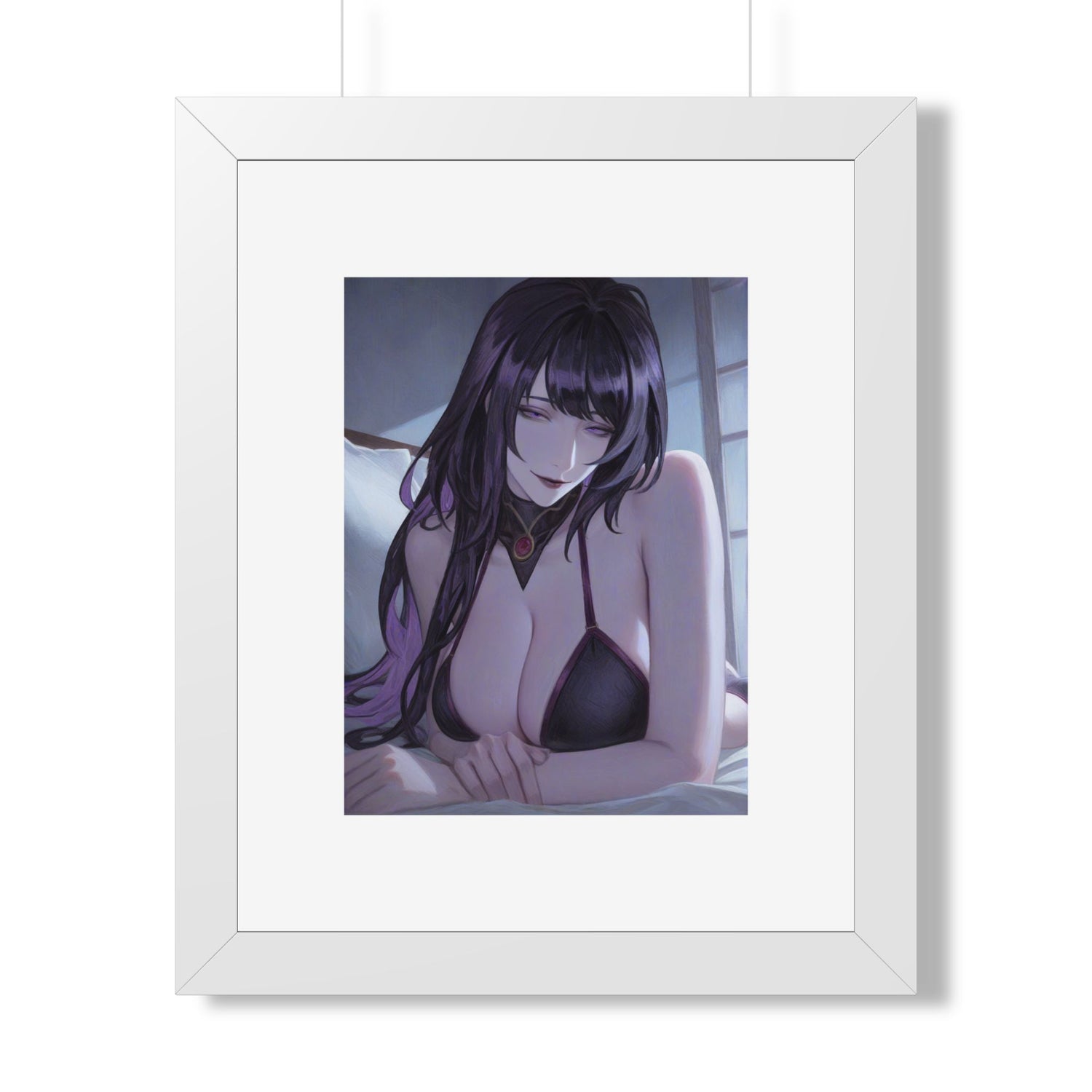 Anime Art Poster — Sultry Dark-Haired Girl Framed Vertical Print