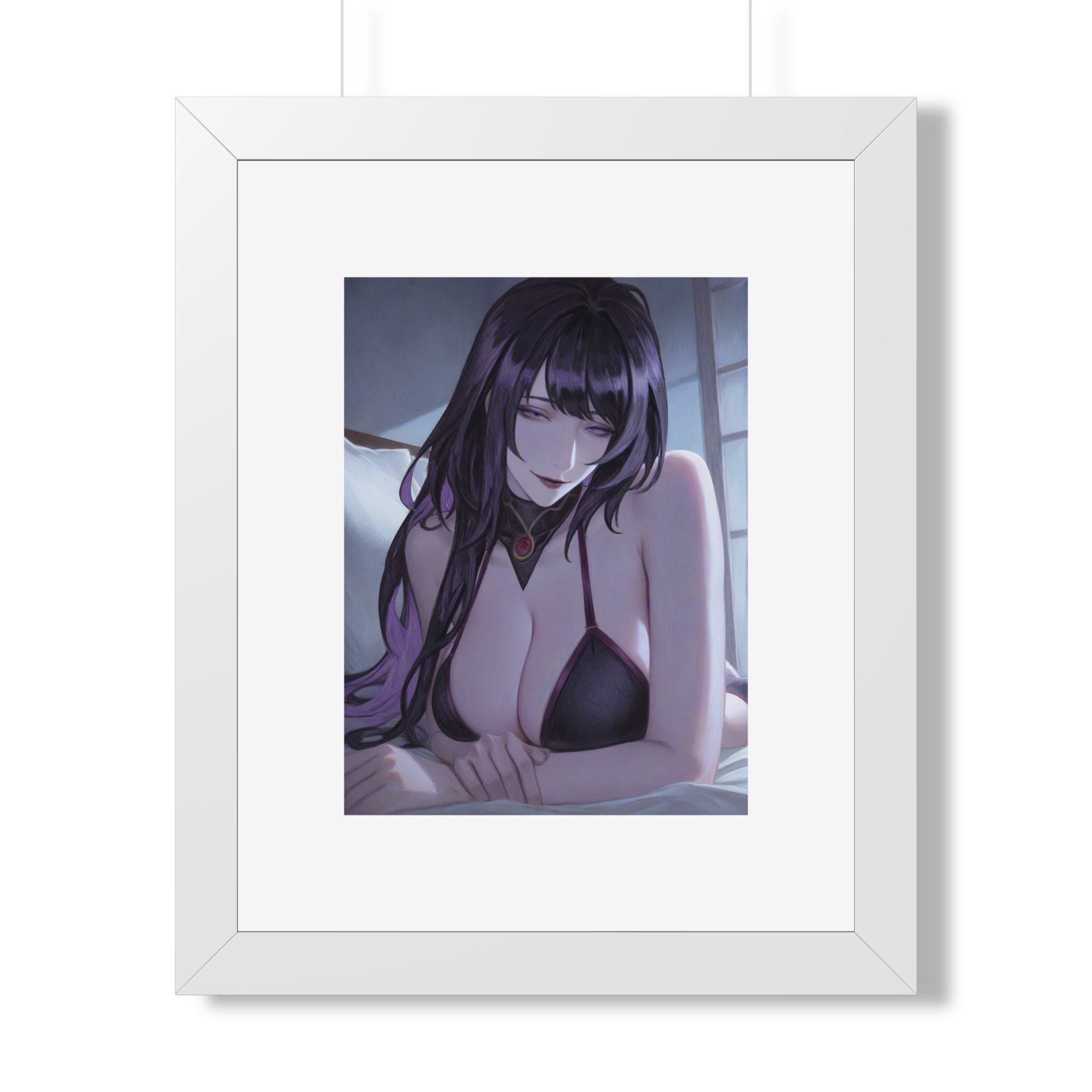 Anime Art Poster — Sultry Dark-Haired Girl Framed Vertical Print