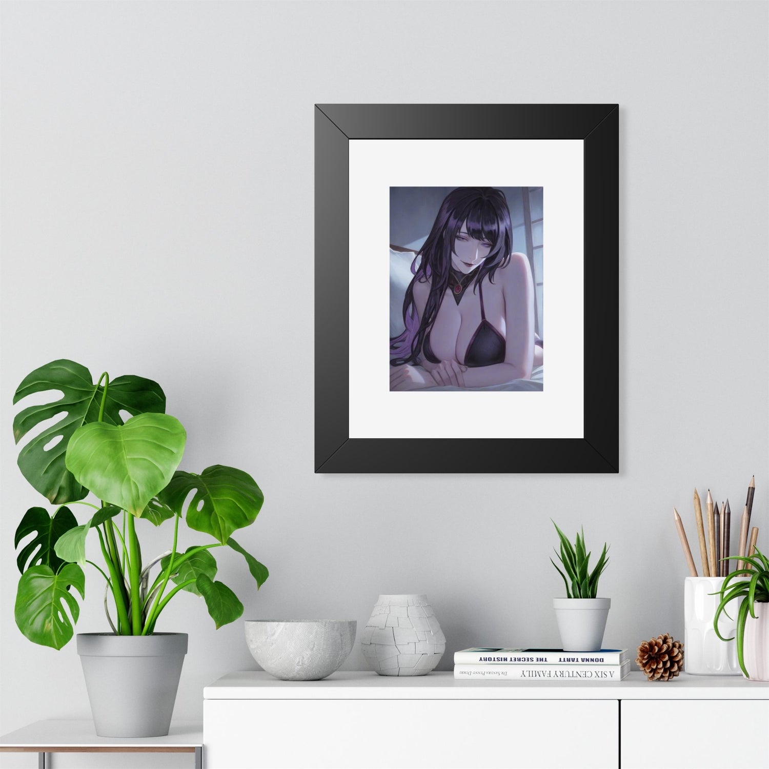Anime Art Poster — Sultry Dark-Haired Girl Framed Vertical Print
