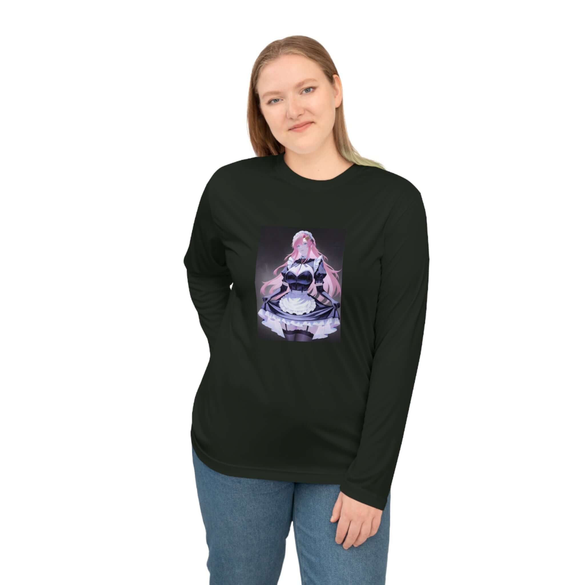 Anime Maid Art Long Sleeve Shirt — Pink-haired Fantasy Maid Graphic