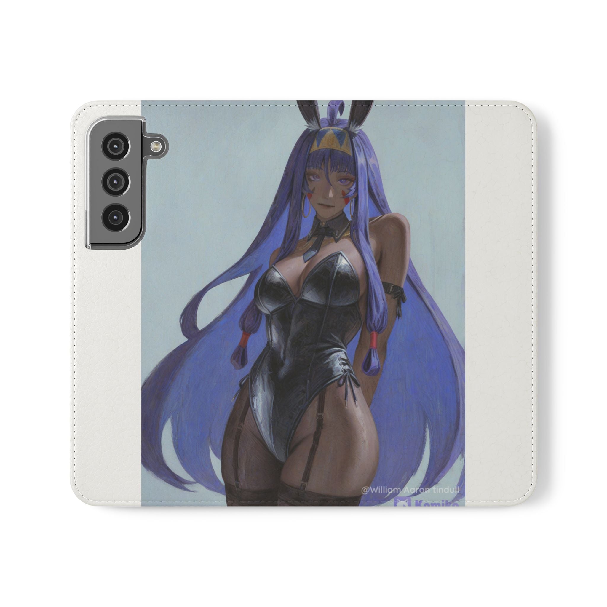 Anime Bunny Girl Flip Case - Purple Long-Haired Character Phone Wallet