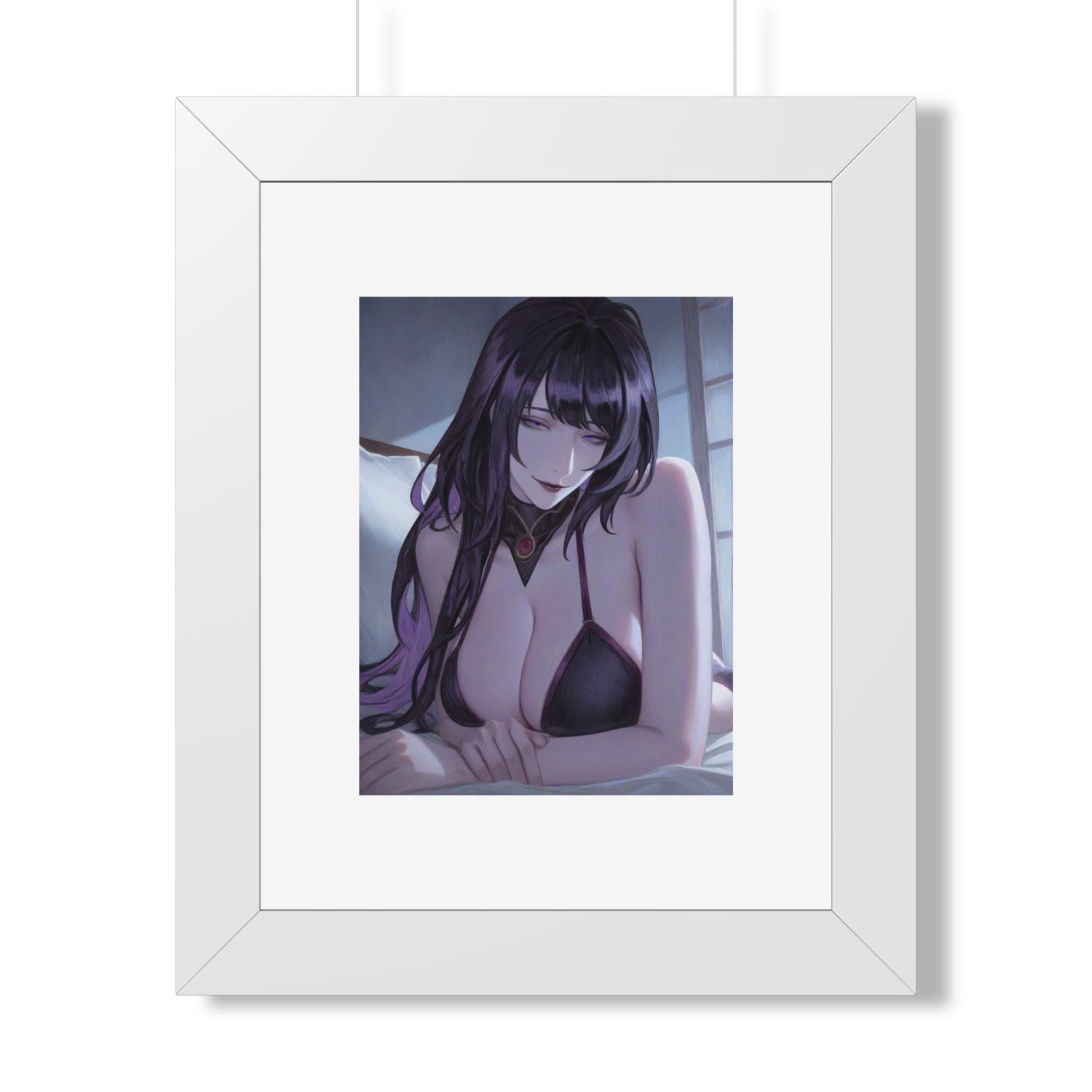 Anime Art Poster — Sultry Dark-Haired Girl Framed Vertical Print