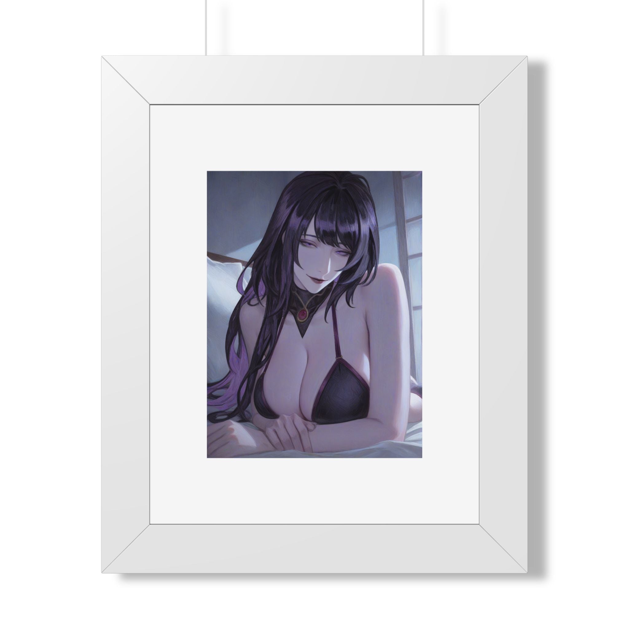 Anime Art Poster — Sultry Dark-Haired Girl Framed Vertical Print