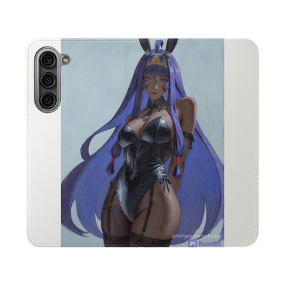 Anime Bunny Girl Flip Case - Purple Long-Haired Character Phone Wallet