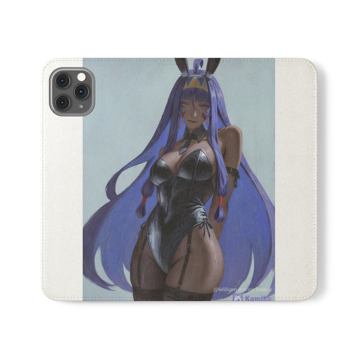 Anime Bunny Girl Flip Case - Purple Long-Haired Character Phone Wallet