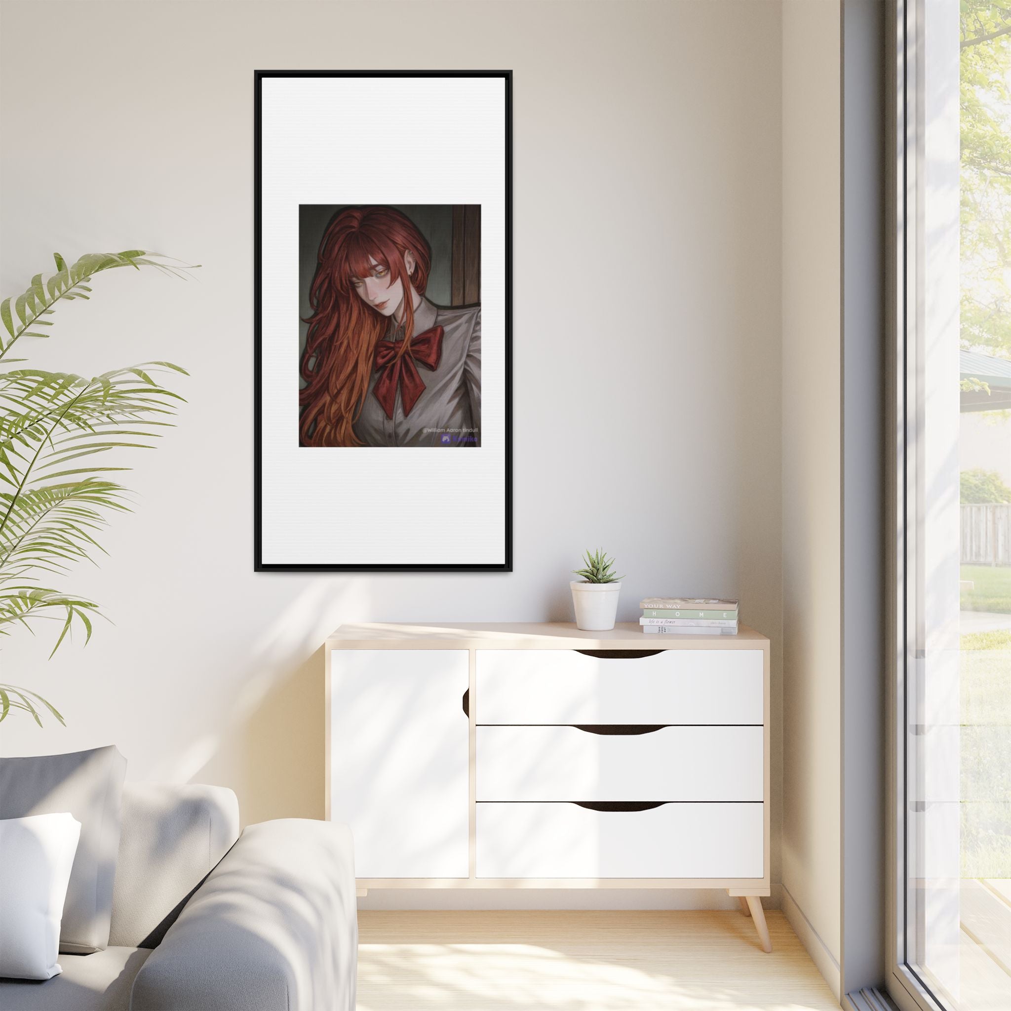 Framed Matte Canvas Print — Moody Red-Headed Anime Girl Art