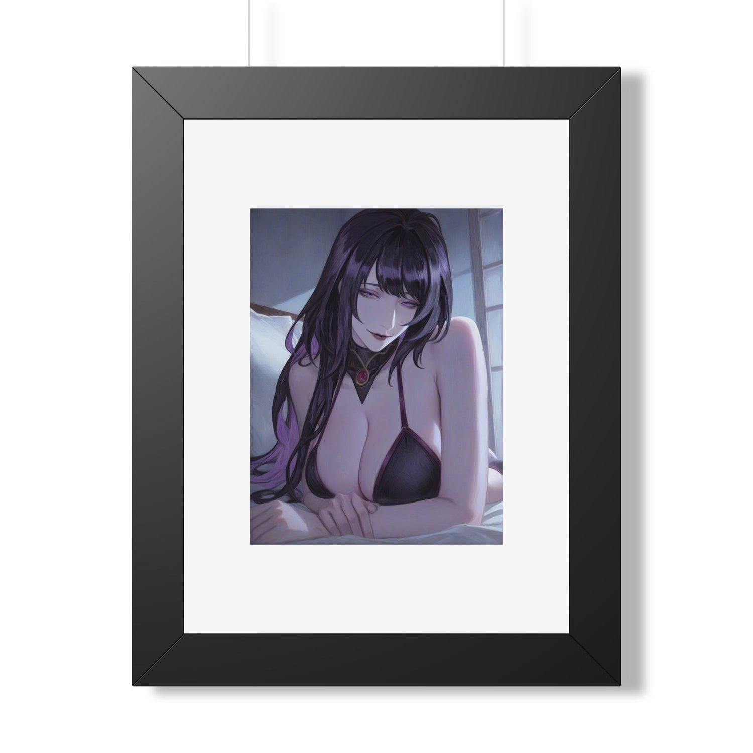 Anime Art Poster — Sultry Dark-Haired Girl Framed Vertical Print