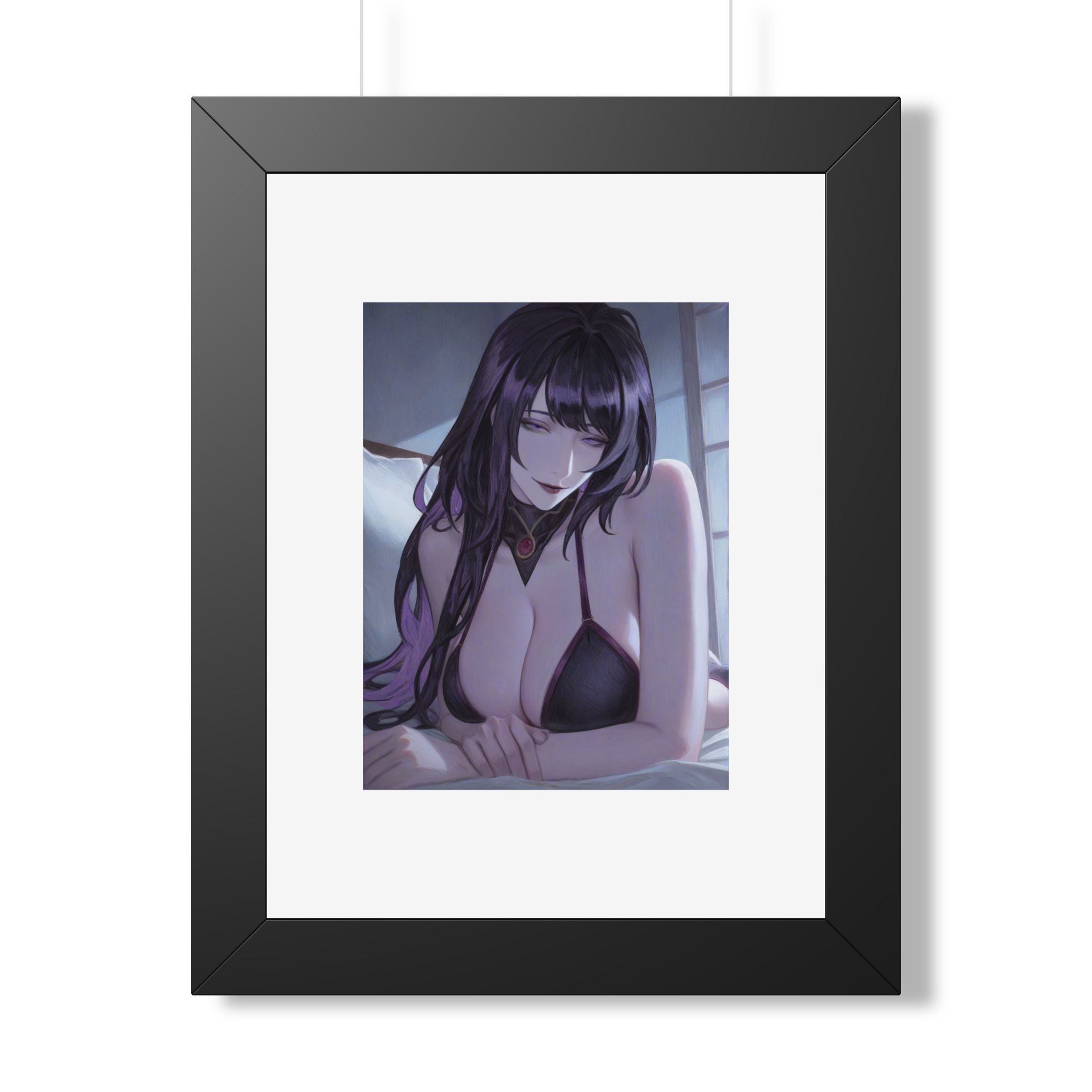 Anime Art Poster — Sultry Dark-Haired Girl Framed Vertical Print