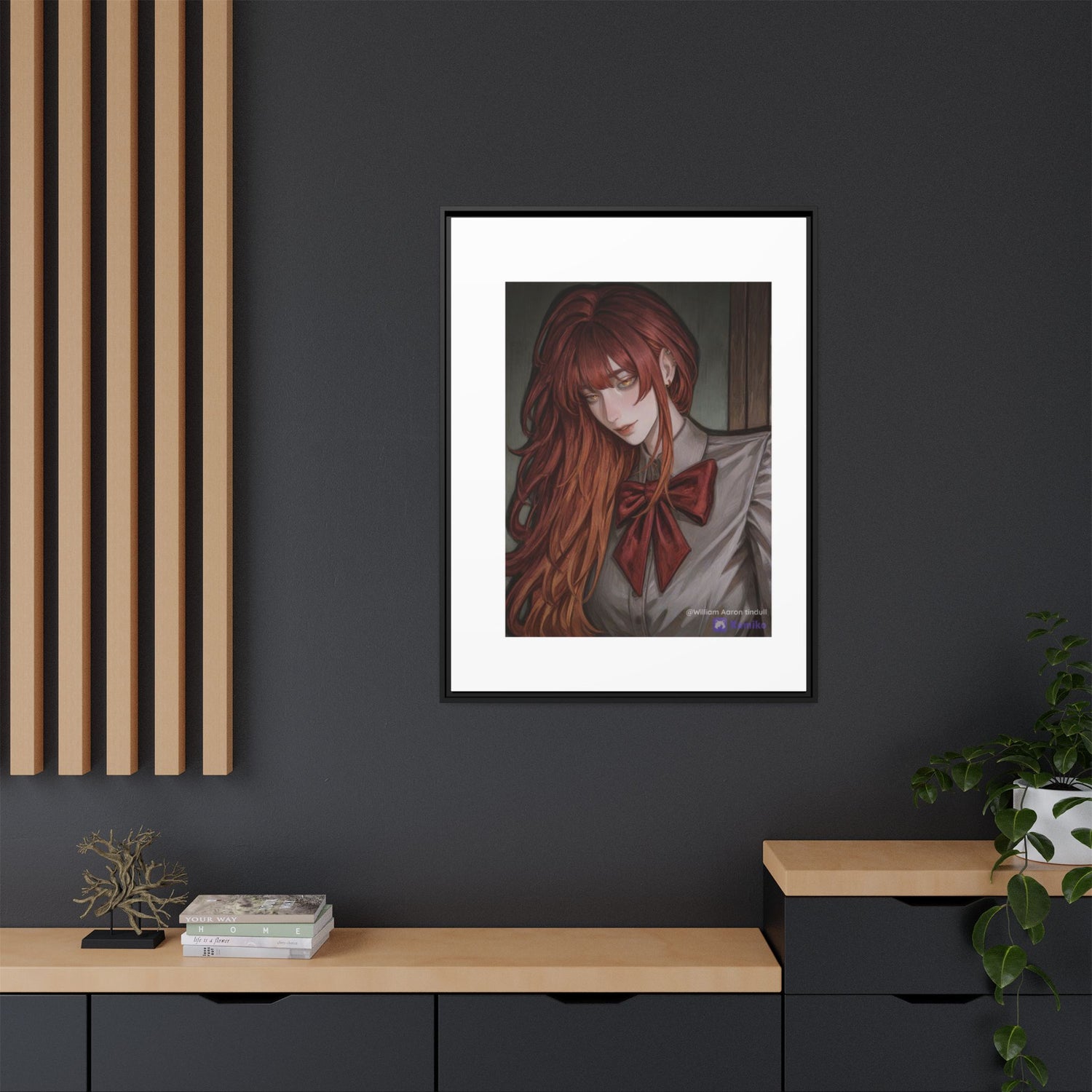 Framed Matte Canvas Print — Moody Red-Headed Anime Girl Art