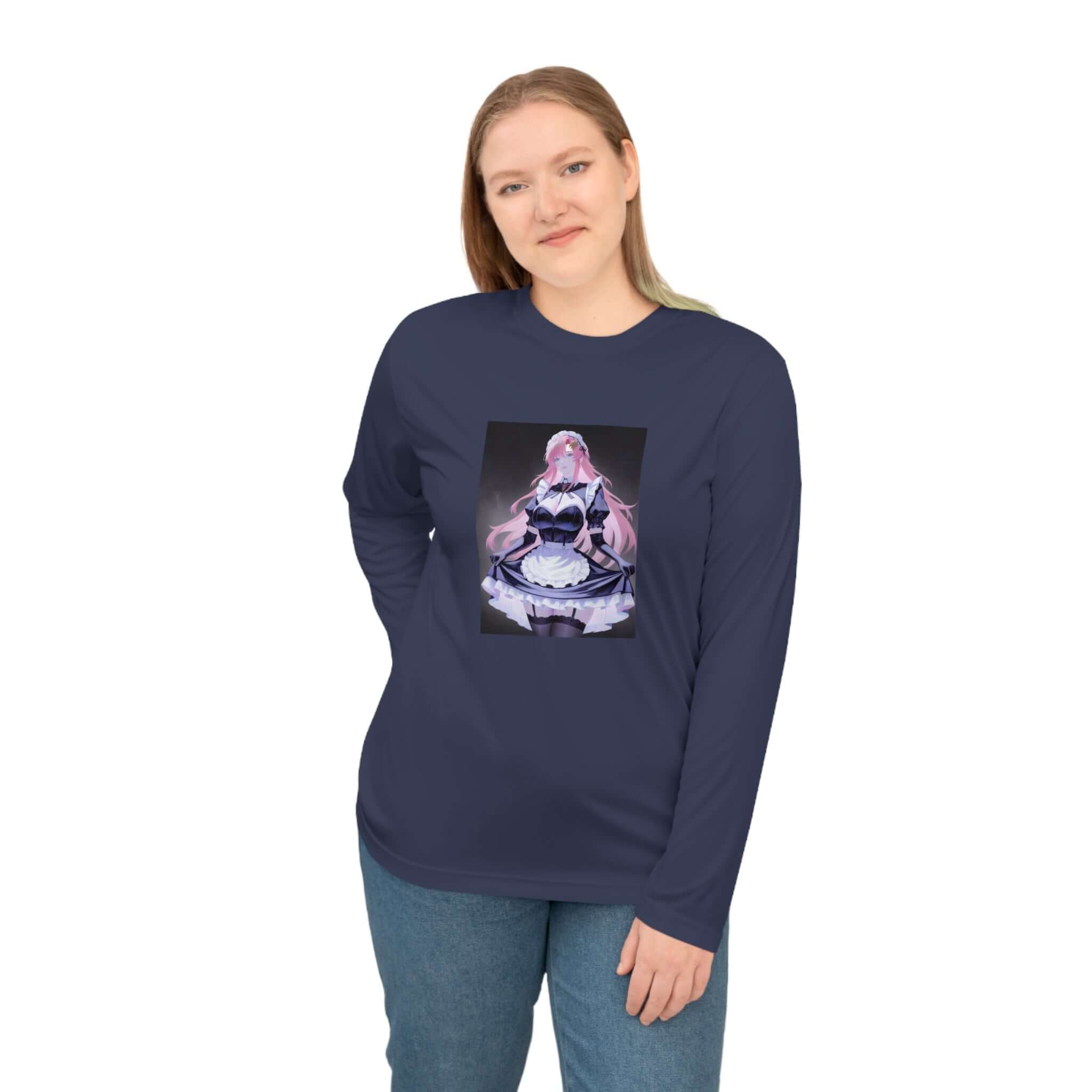 Anime Maid Art Long Sleeve Shirt — Pink-haired Fantasy Maid Graphic