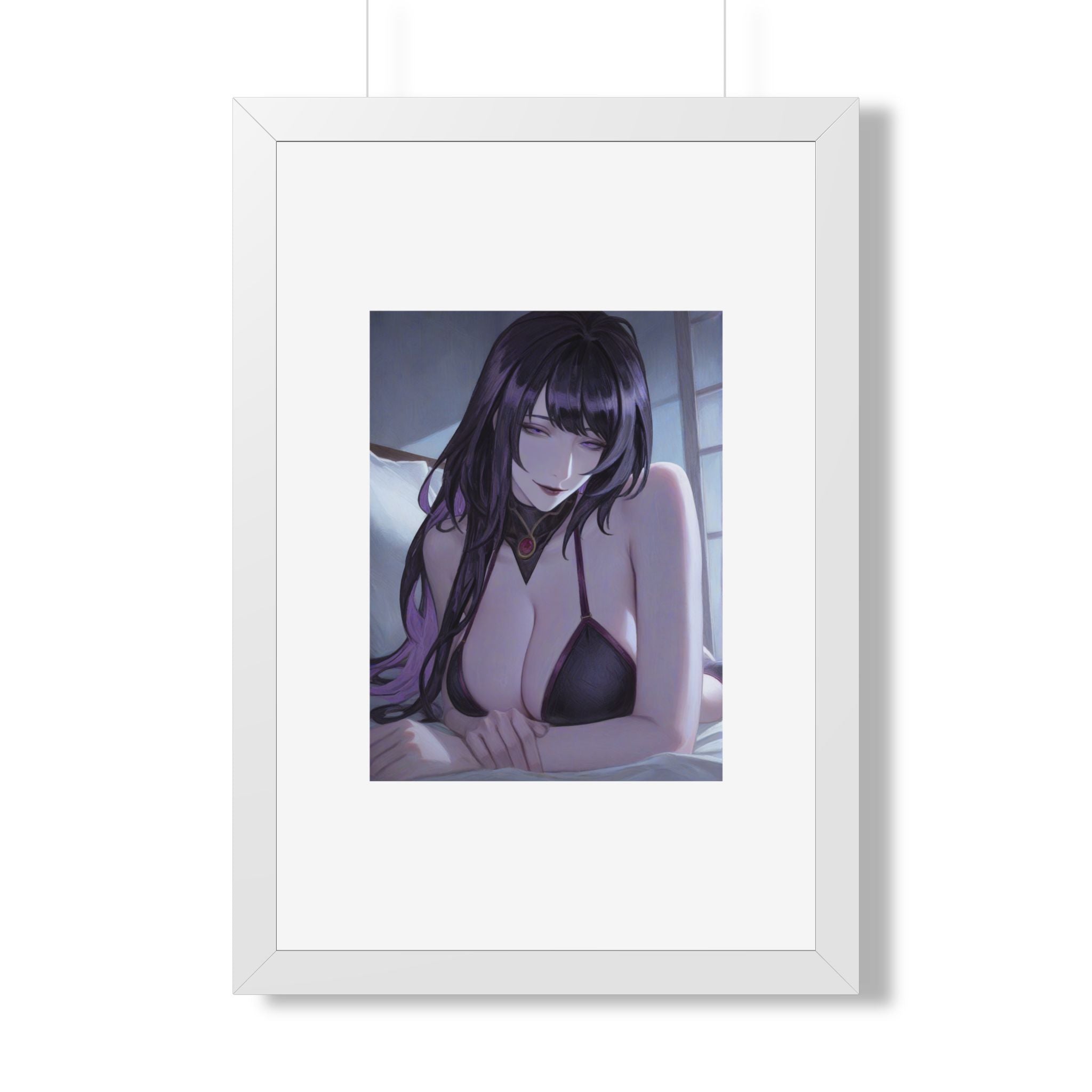 Anime Art Poster — Sultry Dark-Haired Girl Framed Vertical Print
