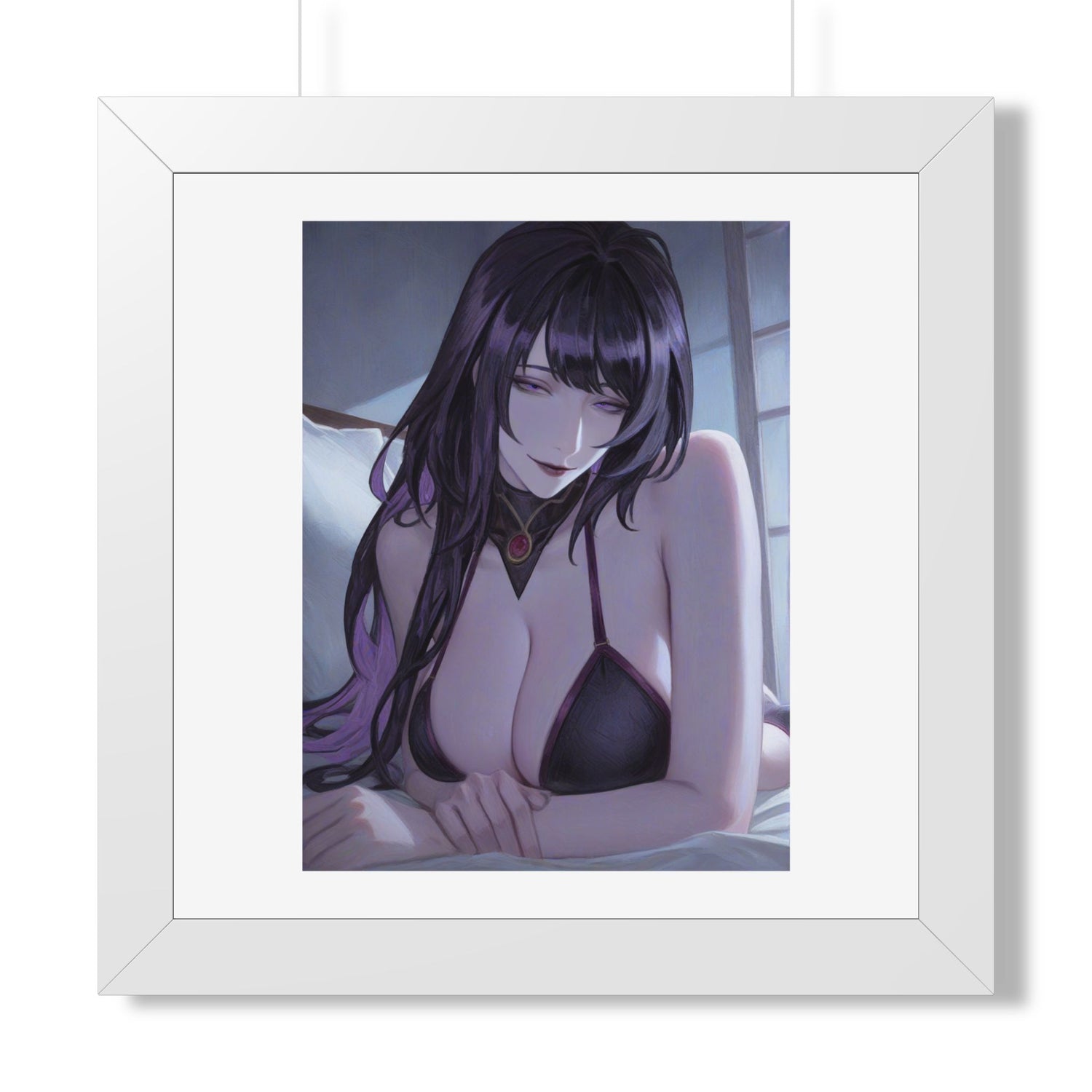 Anime Art Poster — Sultry Dark-Haired Girl Framed Vertical Print