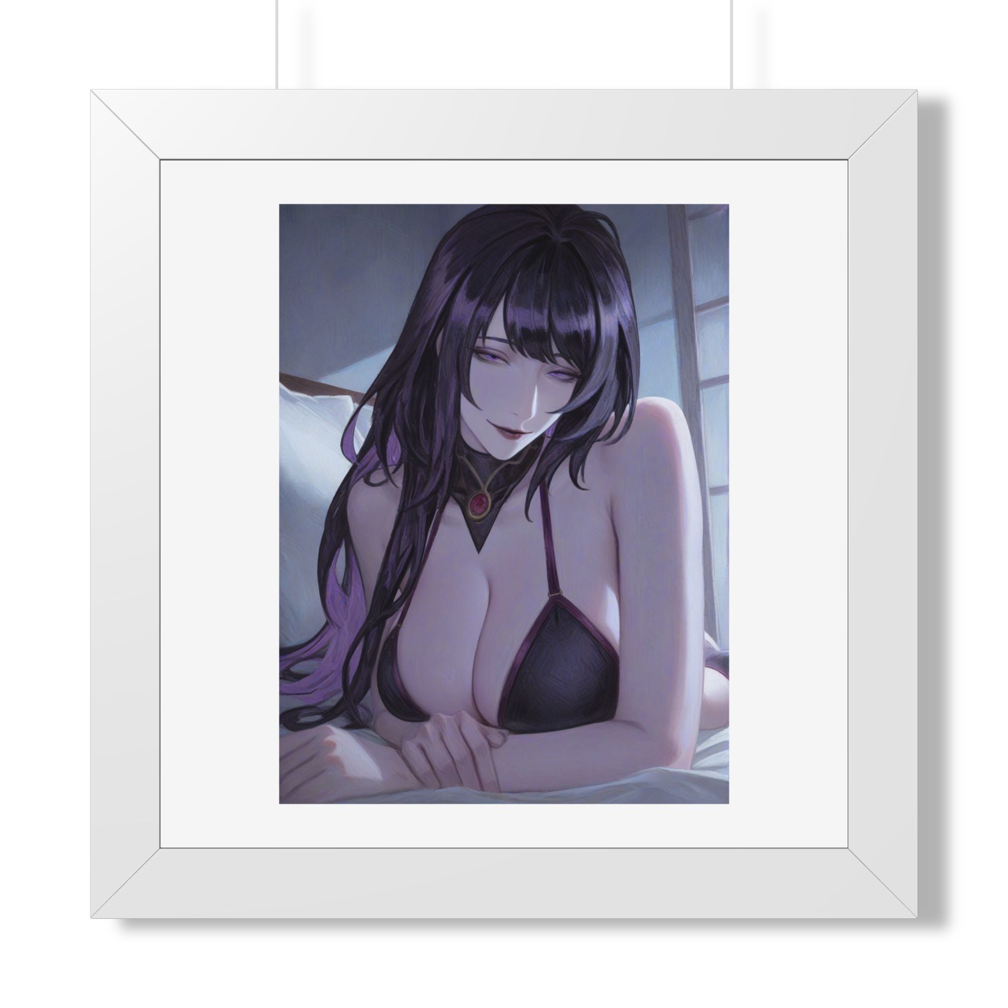 Anime Art Poster — Sultry Dark-Haired Girl Framed Vertical Print