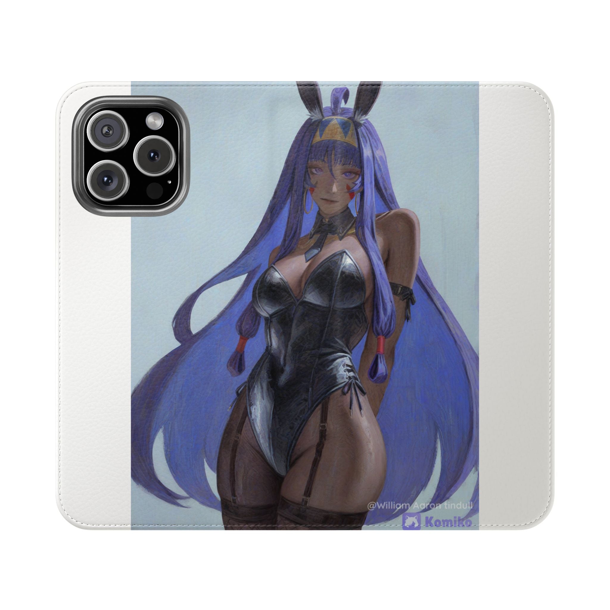 Anime Bunny Girl Flip Case - Purple Long-Haired Character Phone Wallet