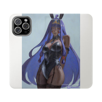 Anime Bunny Girl Flip Case - Purple Long-Haired Character Phone Wallet