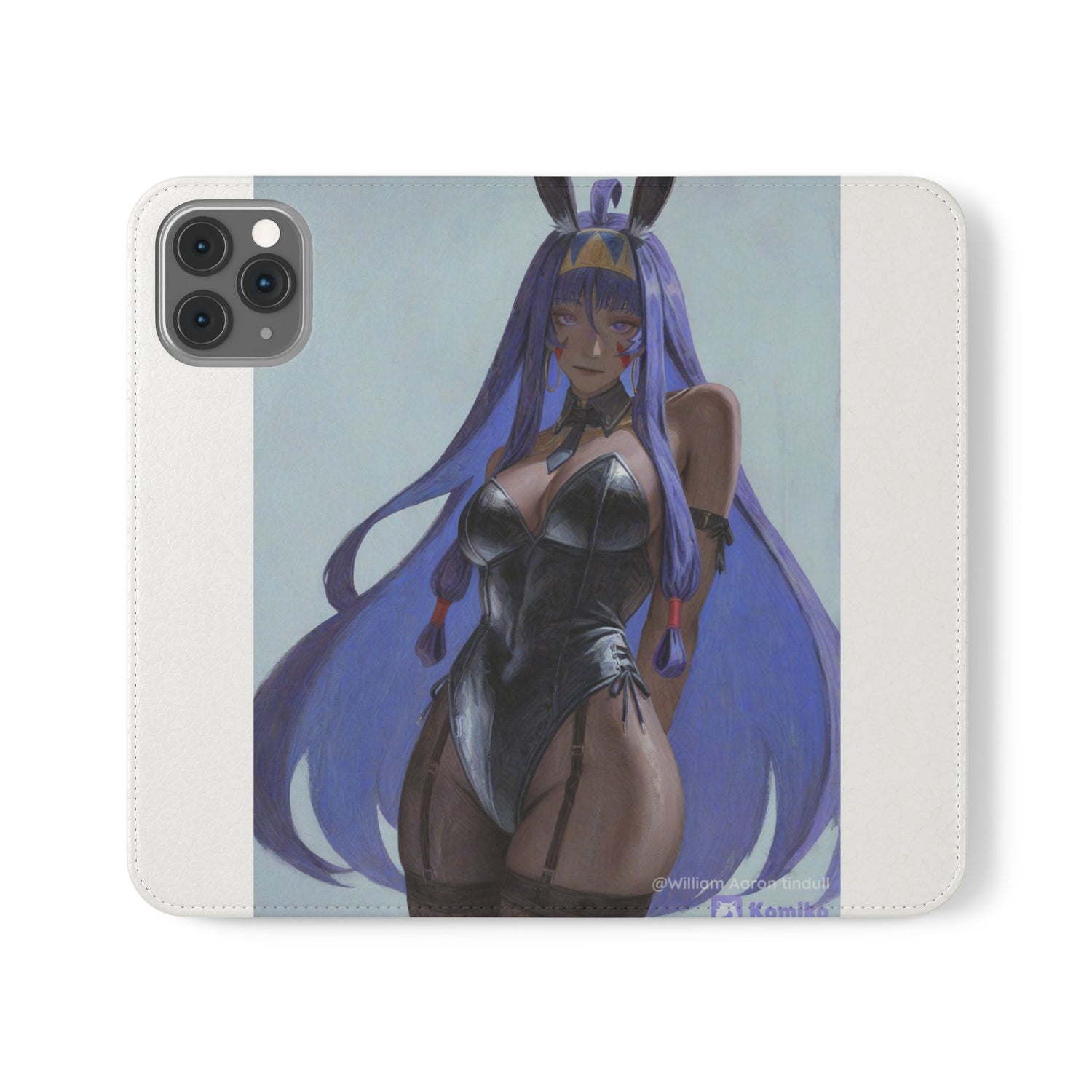Anime Bunny Girl Flip Case - Purple Long-Haired Character Phone Wallet
