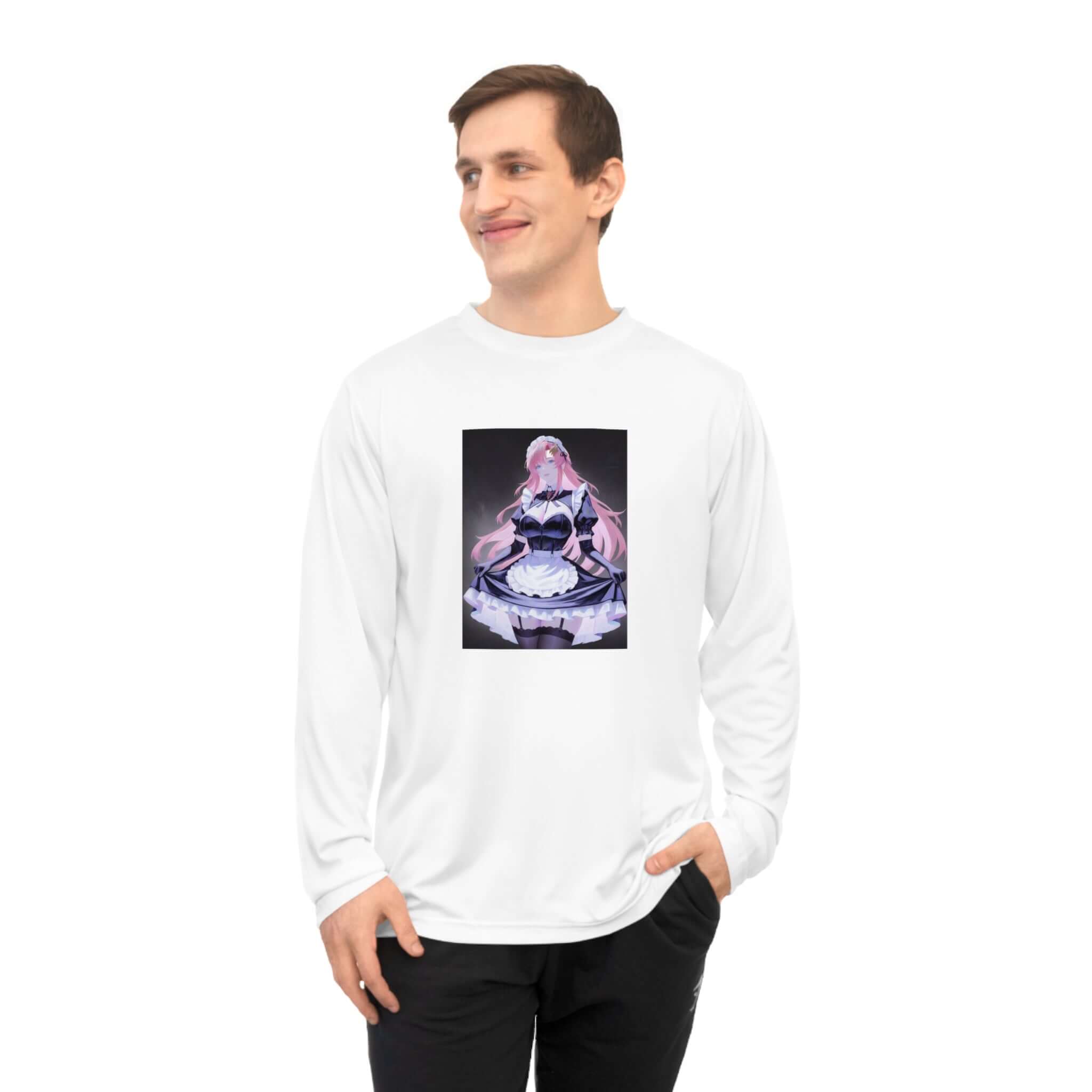 Anime Maid Art Long Sleeve Shirt — Pink-haired Fantasy Maid Graphic
