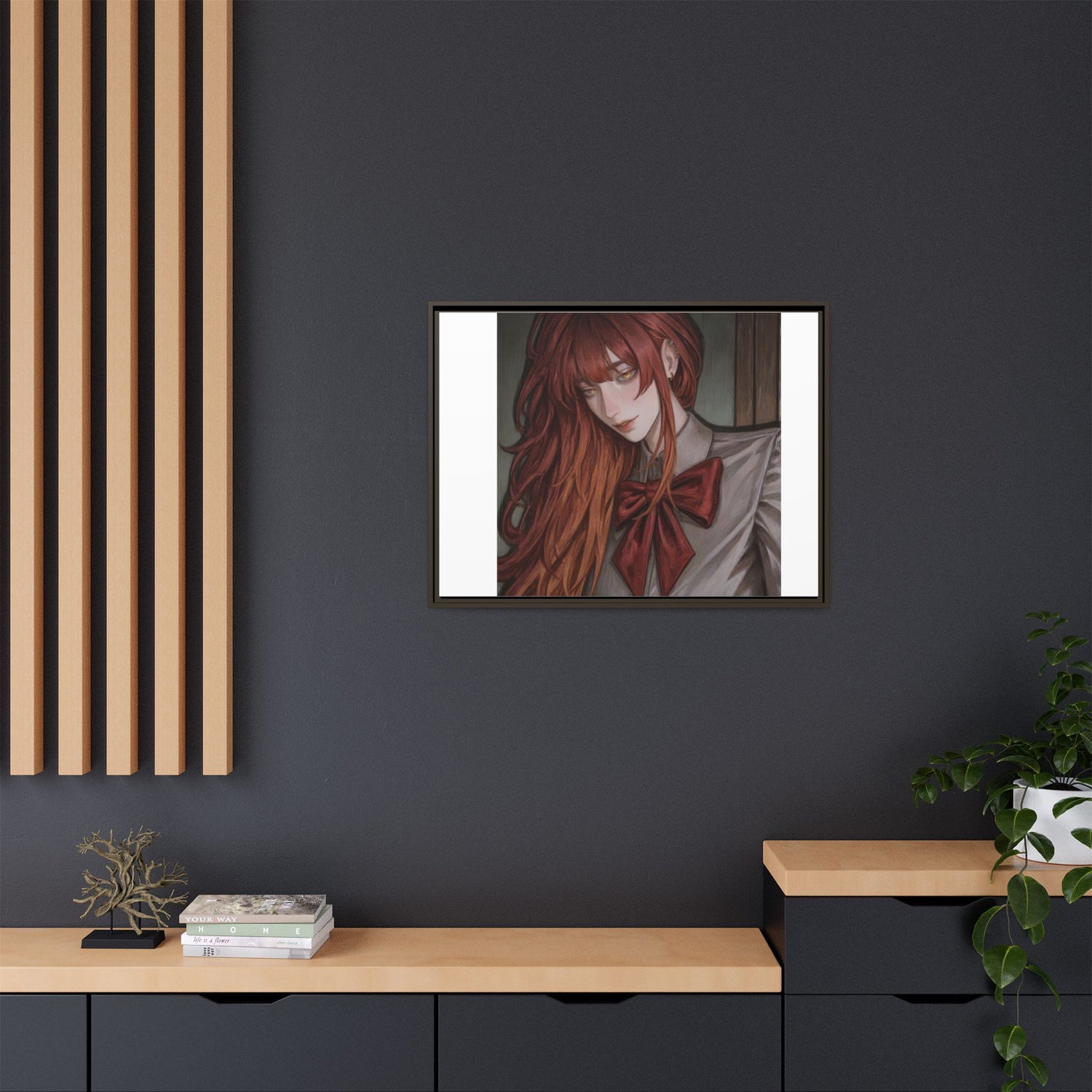 Framed Matte Canvas Print — Moody Red-Headed Anime Girl Art